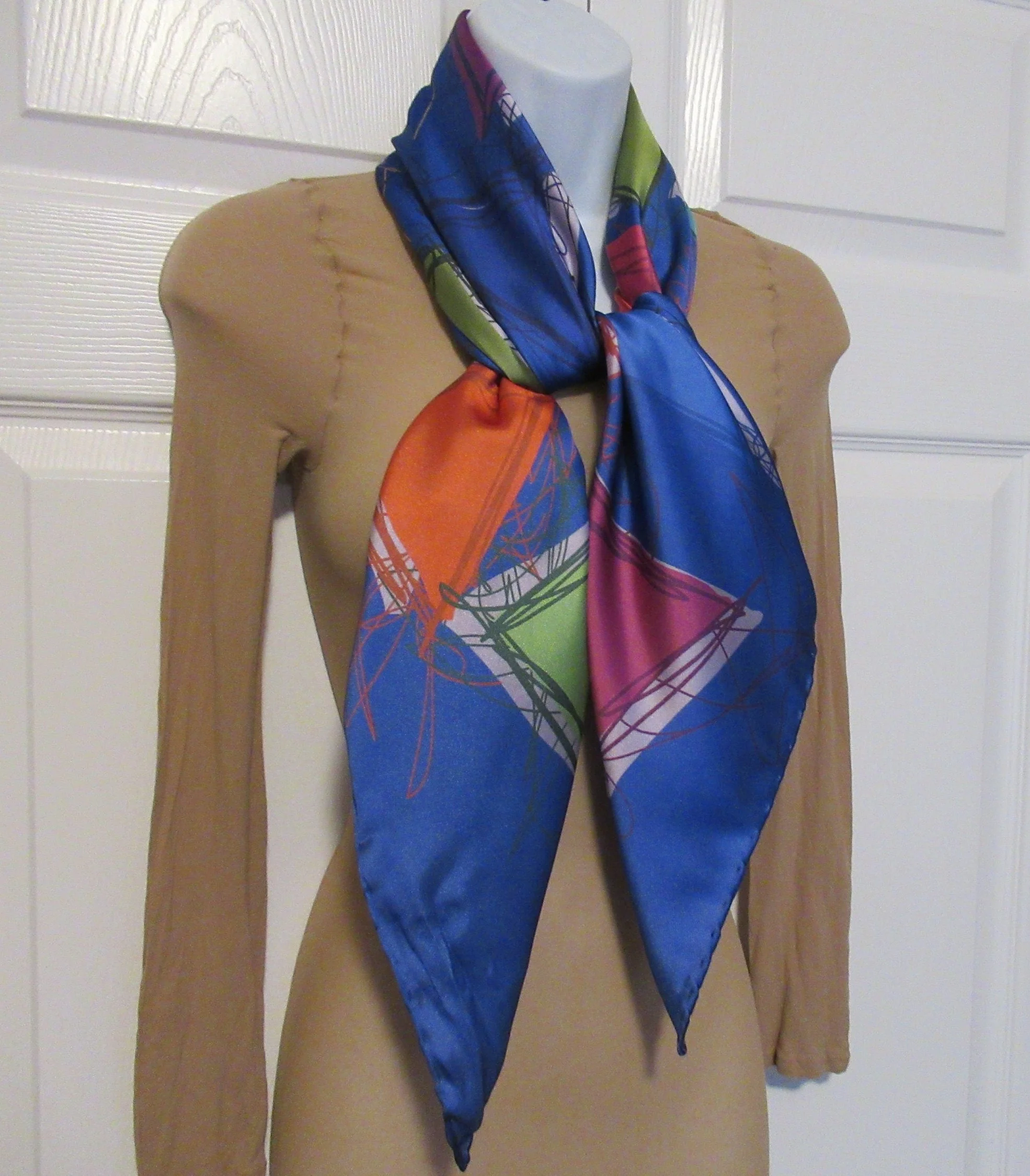 Square Scarf Heybeli Gold Made In Turkey Hand Rolled Hem Edges Abstract W Blue Pink Green Yellow Purple White Vintage by Heybeli Gold - Image 3