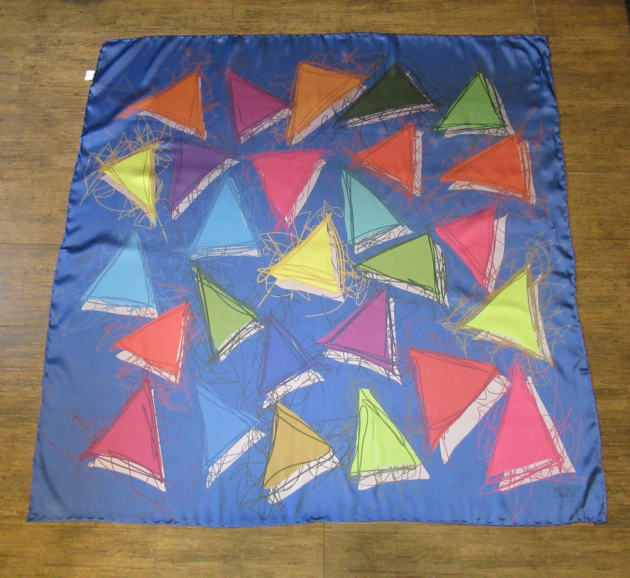 Square Scarf Heybeli Gold Made In Turkey Hand Rolled Hem Edges Abstract W Blue Pink Green Yellow Purple White Vintage by Heybeli Gold - Image 4