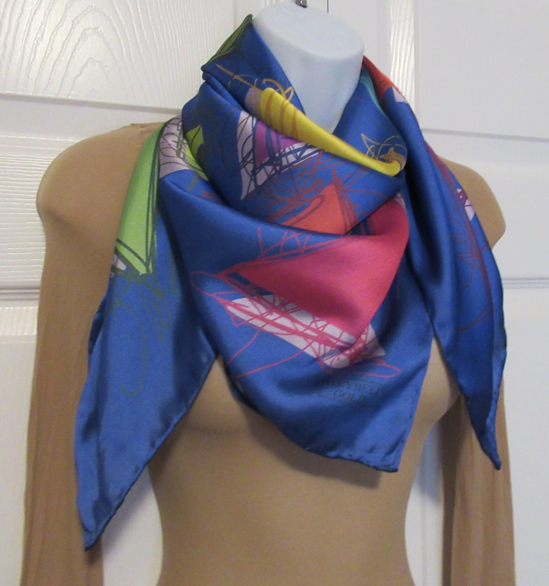 Square Scarf Heybeli Gold Made In Turkey Hand Rolled Hem Edges Abstract W Blue Pink Green Yellow Purple White Vintage by Heybeli Gold - Image 5