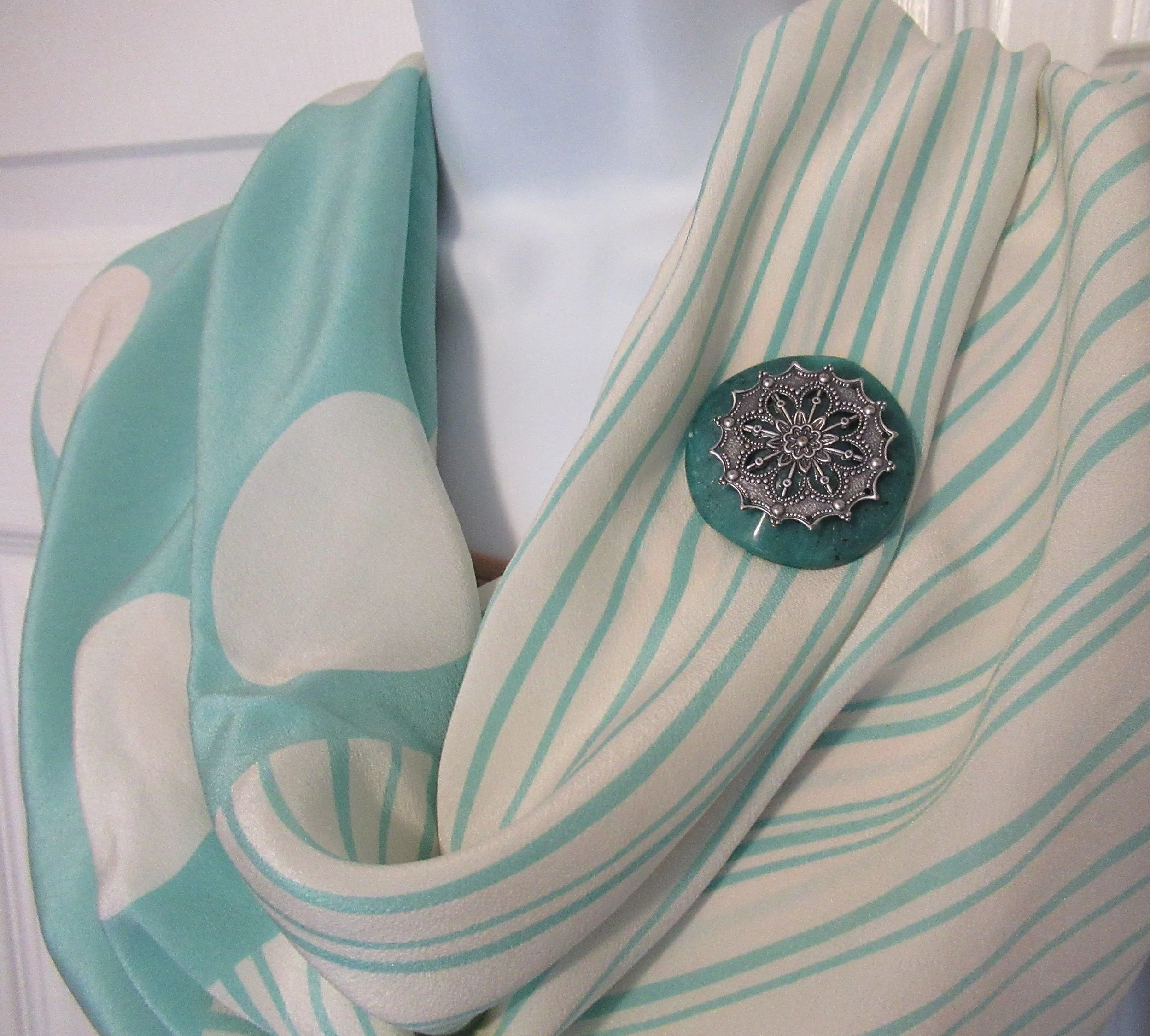Square Scarf Teal and Cream Polka Dot Plus Linear Design Brooch Vintage - Image 2