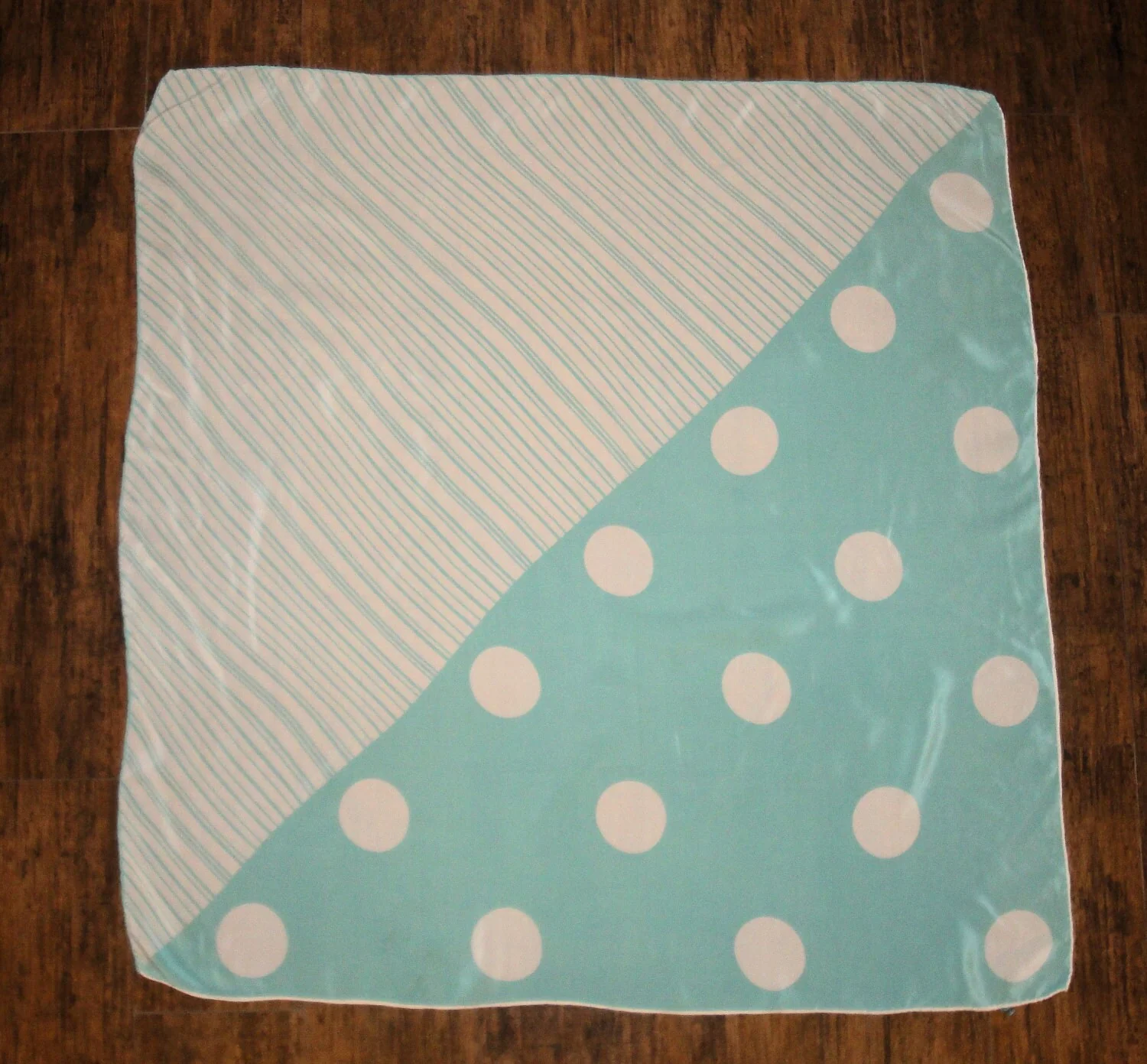 Square Scarf Teal and Cream Polka Dot Plus Linear Design Brooch Vintage - Image 3