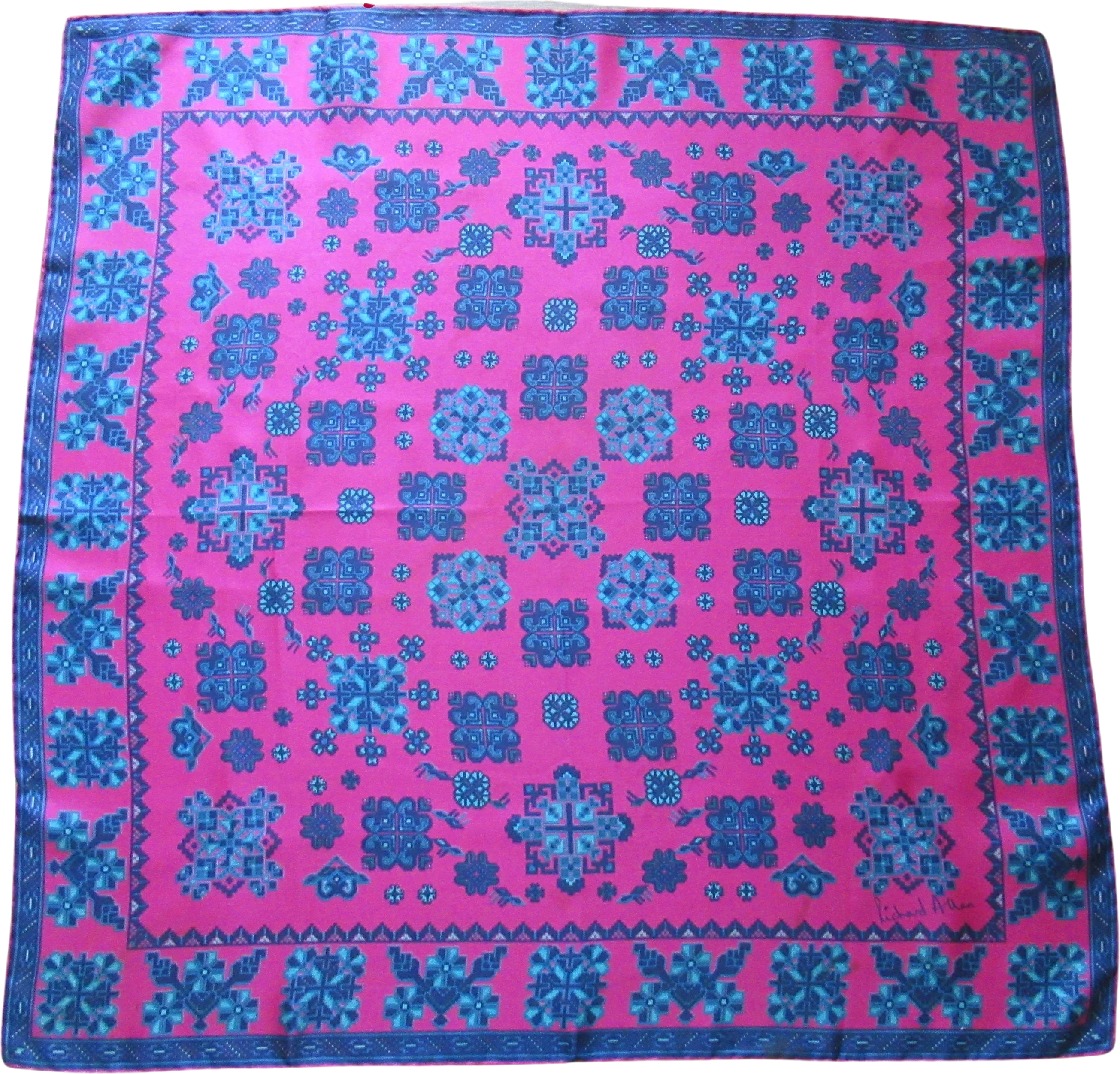 Square Silk Scarf 29 Inch Bright Pink, Navy Blue and Teal Tetris-Inspired Shapes, Very Puffy Hand Rolled Edges, Chic Vintage by Richard Allan