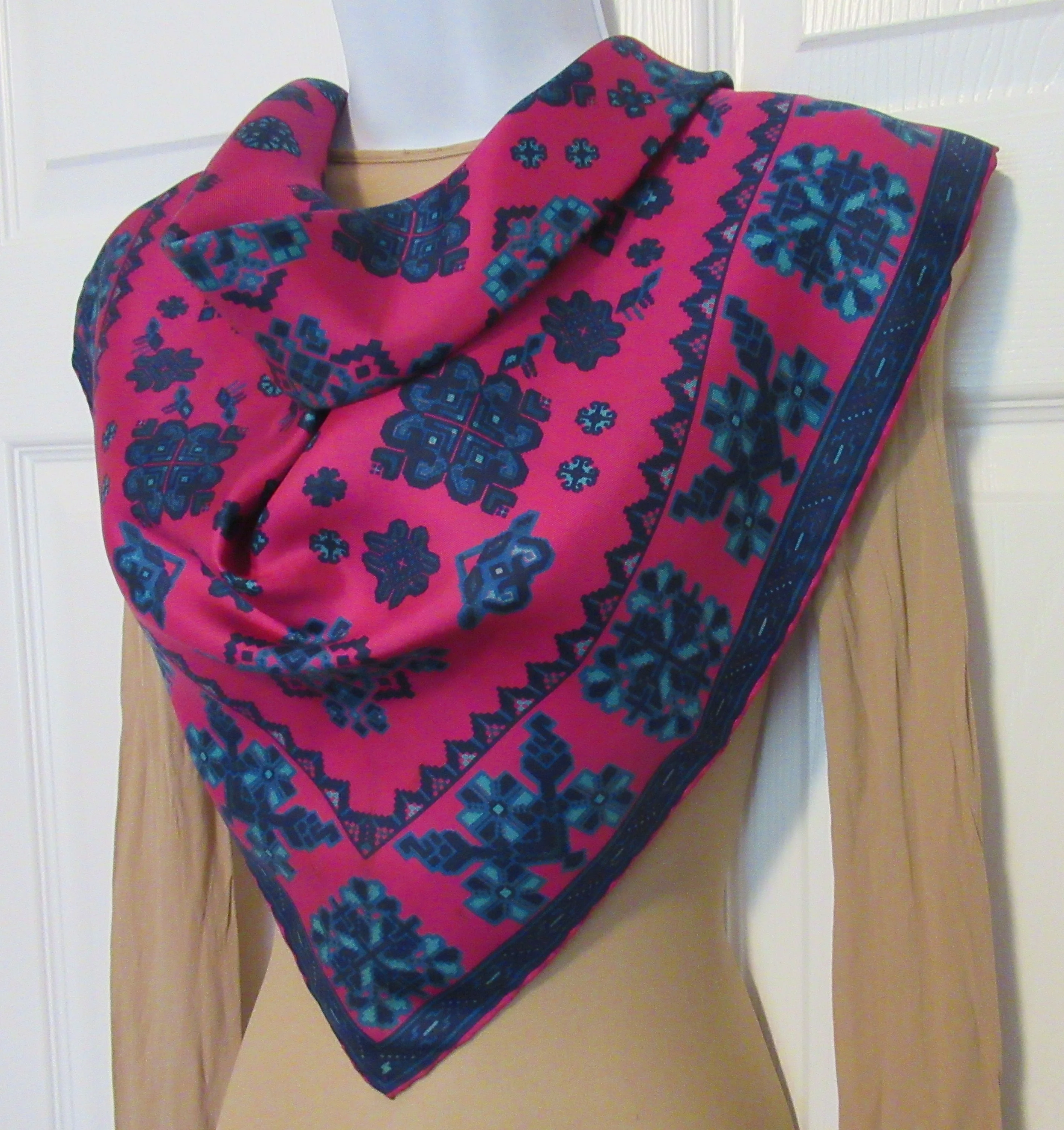 Square Silk Scarf 29 Inch Bright Pink, Navy Blue and Teal Tetris-Inspired Shapes, Very Puffy Hand Rolled Edges, Chic Vintage by Richard Allan - Image 10