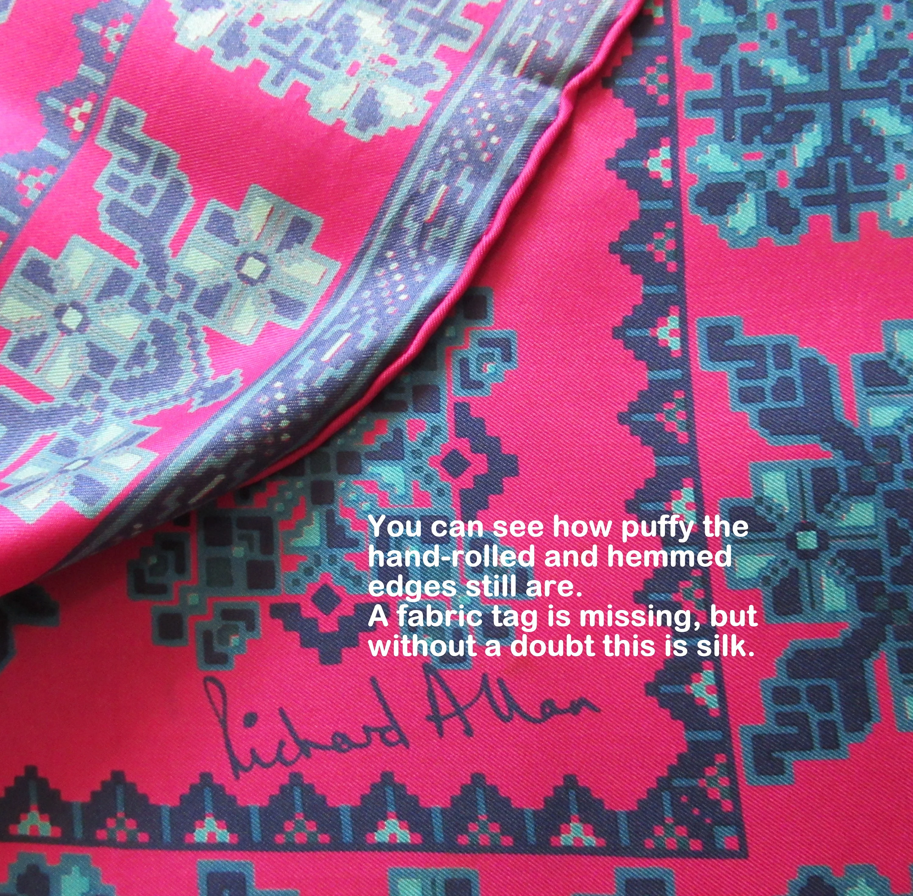 Square Silk Scarf 29 Inch Bright Pink, Navy Blue and Teal Tetris-Inspired Shapes, Very Puffy Hand Rolled Edges, Chic Vintage by Richard Allan - Image 3