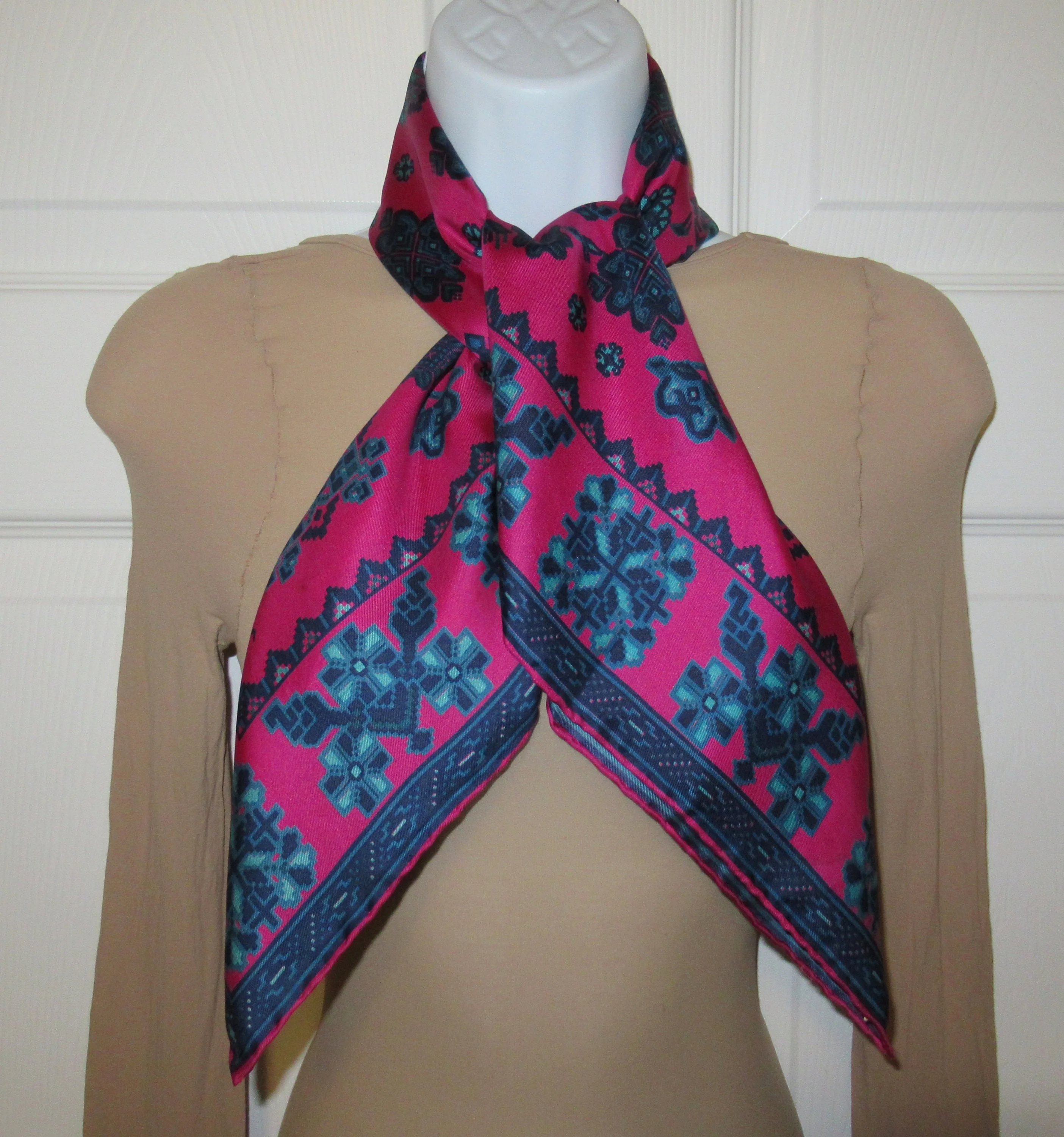 Square Silk Scarf 29 Inch Bright Pink, Navy Blue and Teal Tetris-Inspired Shapes, Very Puffy Hand Rolled Edges, Chic Vintage by Richard Allan - Image 5