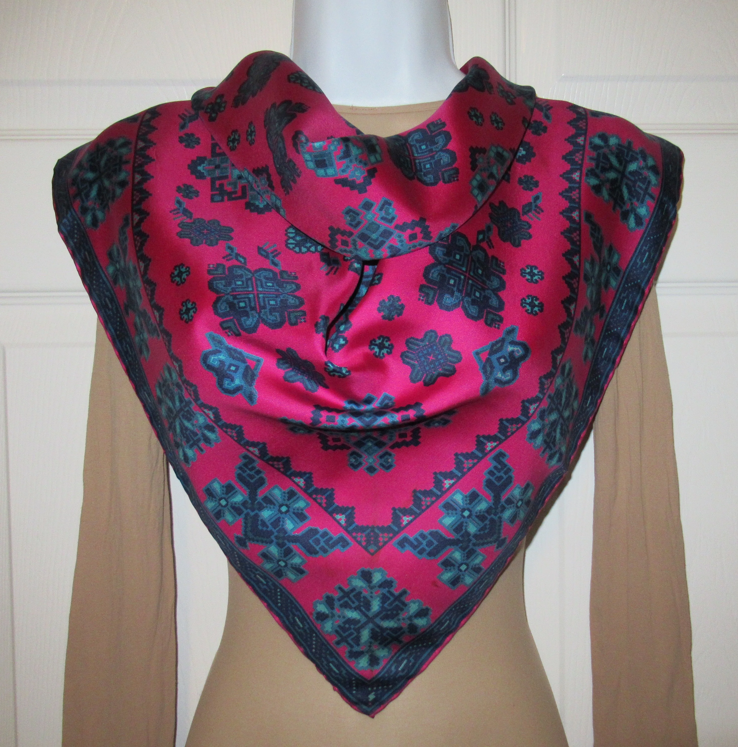 Square Silk Scarf 29 Inch Bright Pink, Navy Blue and Teal Tetris-Inspired Shapes, Very Puffy Hand Rolled Edges, Chic Vintage by Richard Allan - Image 6