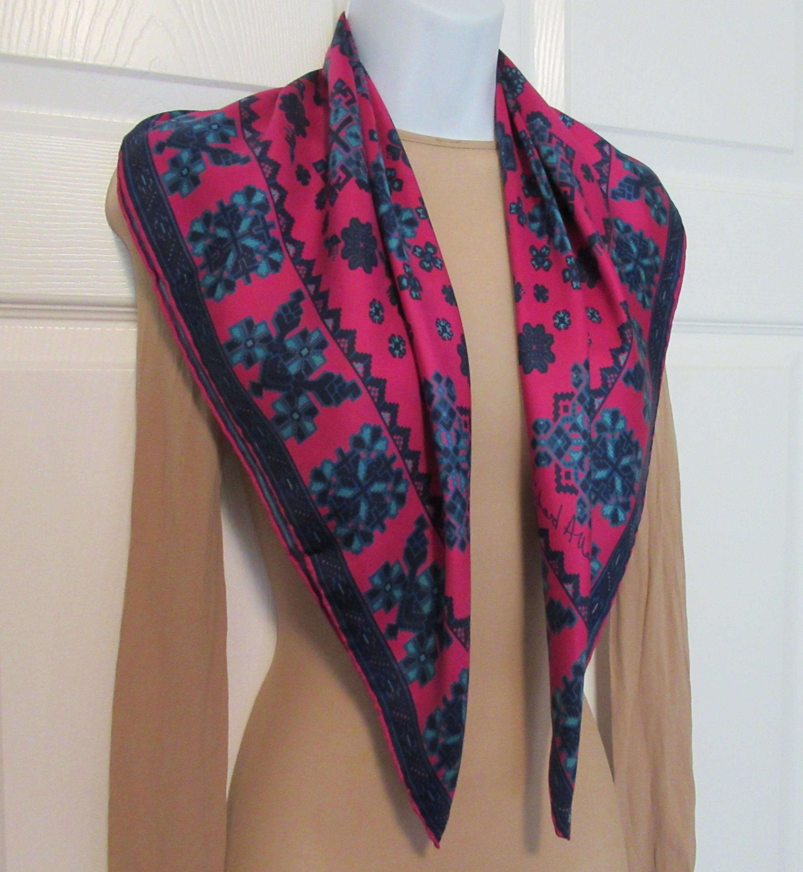Square Silk Scarf 29 Inch Bright Pink, Navy Blue and Teal Tetris-Inspired Shapes, Very Puffy Hand Rolled Edges, Chic Vintage by Richard Allan - Image 7