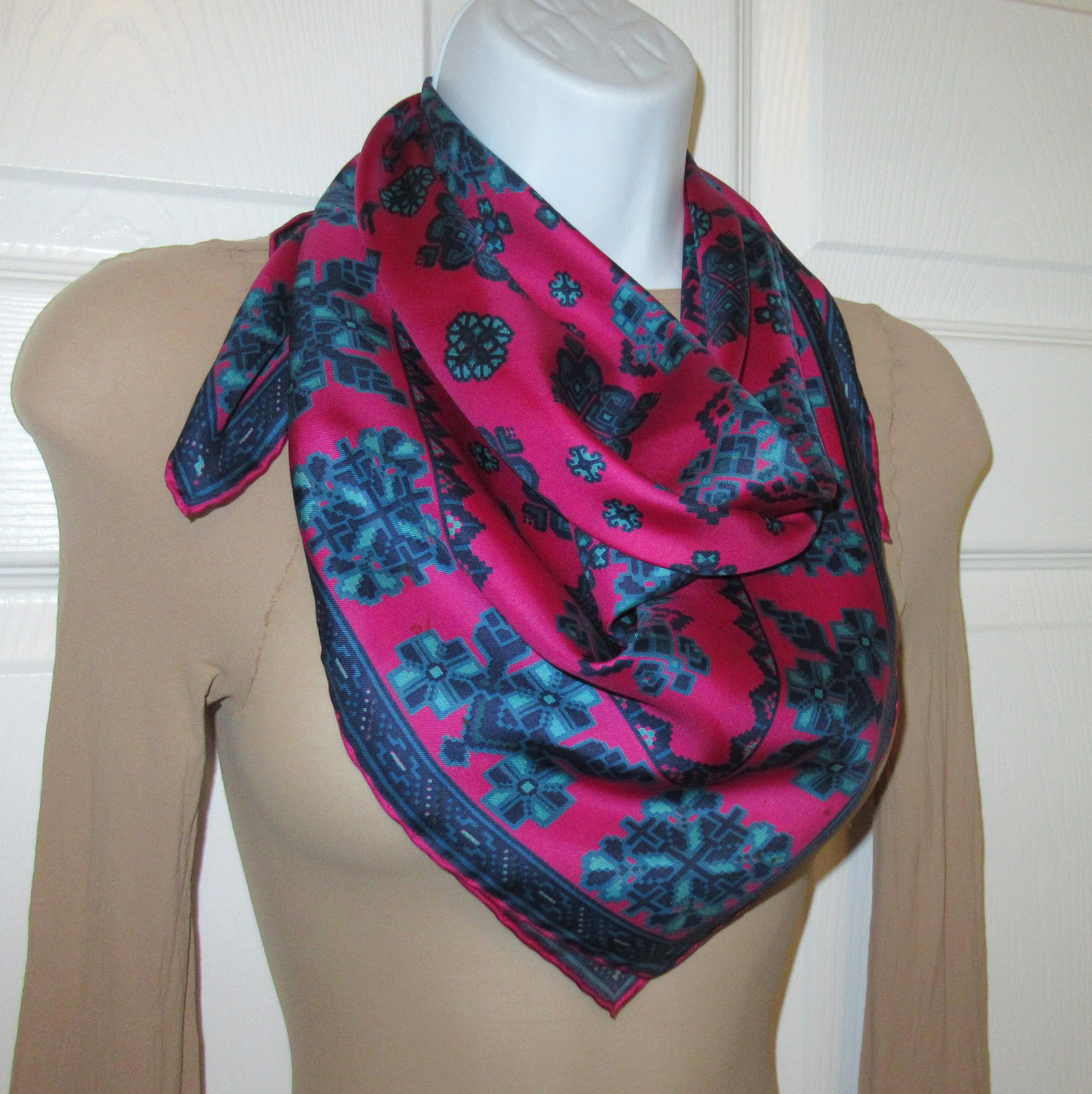 Square Silk Scarf 29 Inch Bright Pink, Navy Blue and Teal Tetris-Inspired Shapes, Very Puffy Hand Rolled Edges, Chic Vintage by Richard Allan - Image 9