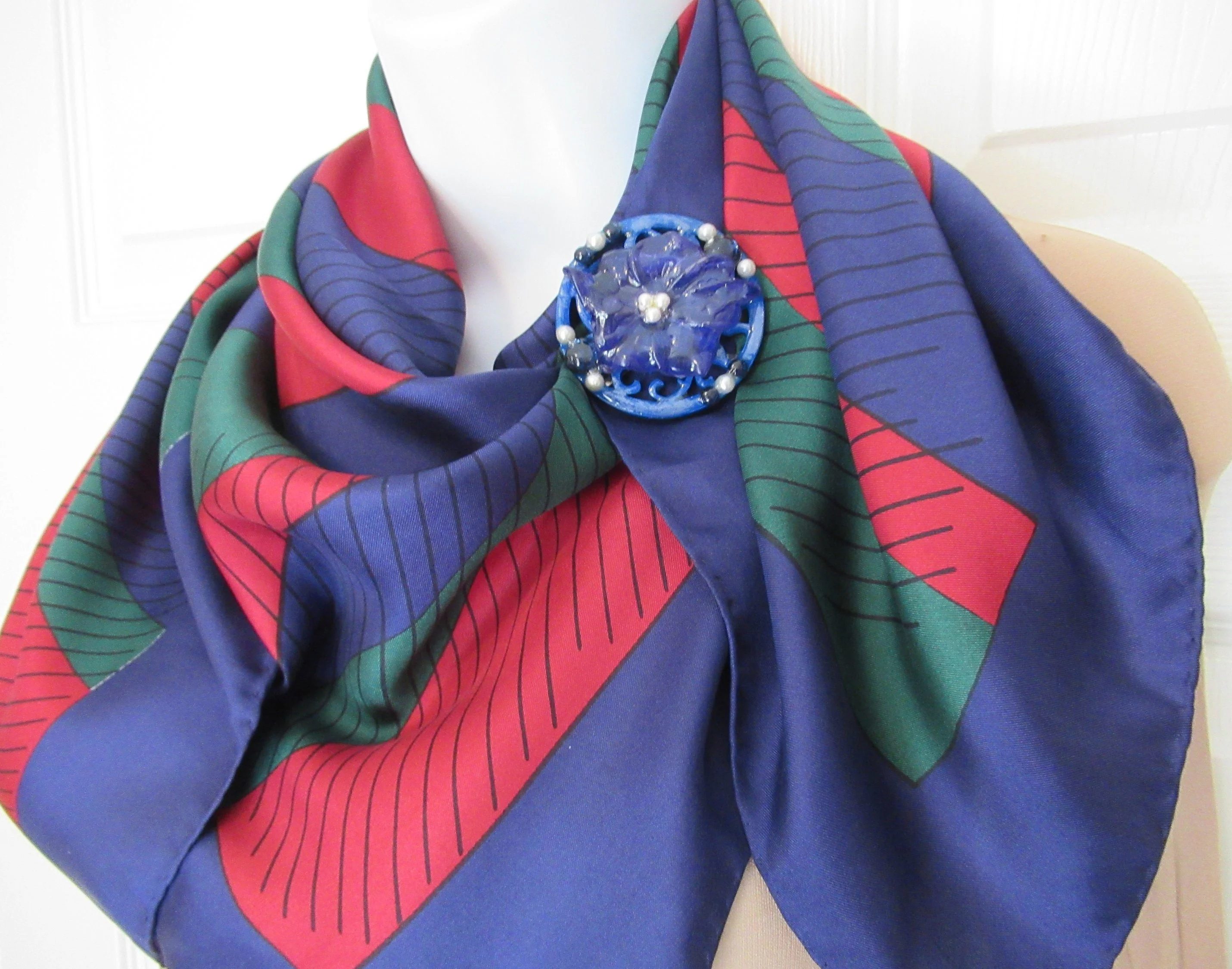 Square Silk Scarf 33 Inch Navy Blue Brick Red, Forest Green, Black Stripes, Finnish Designer, Bonus Magnetic Back Brooch by Marja Kurki - Image 10