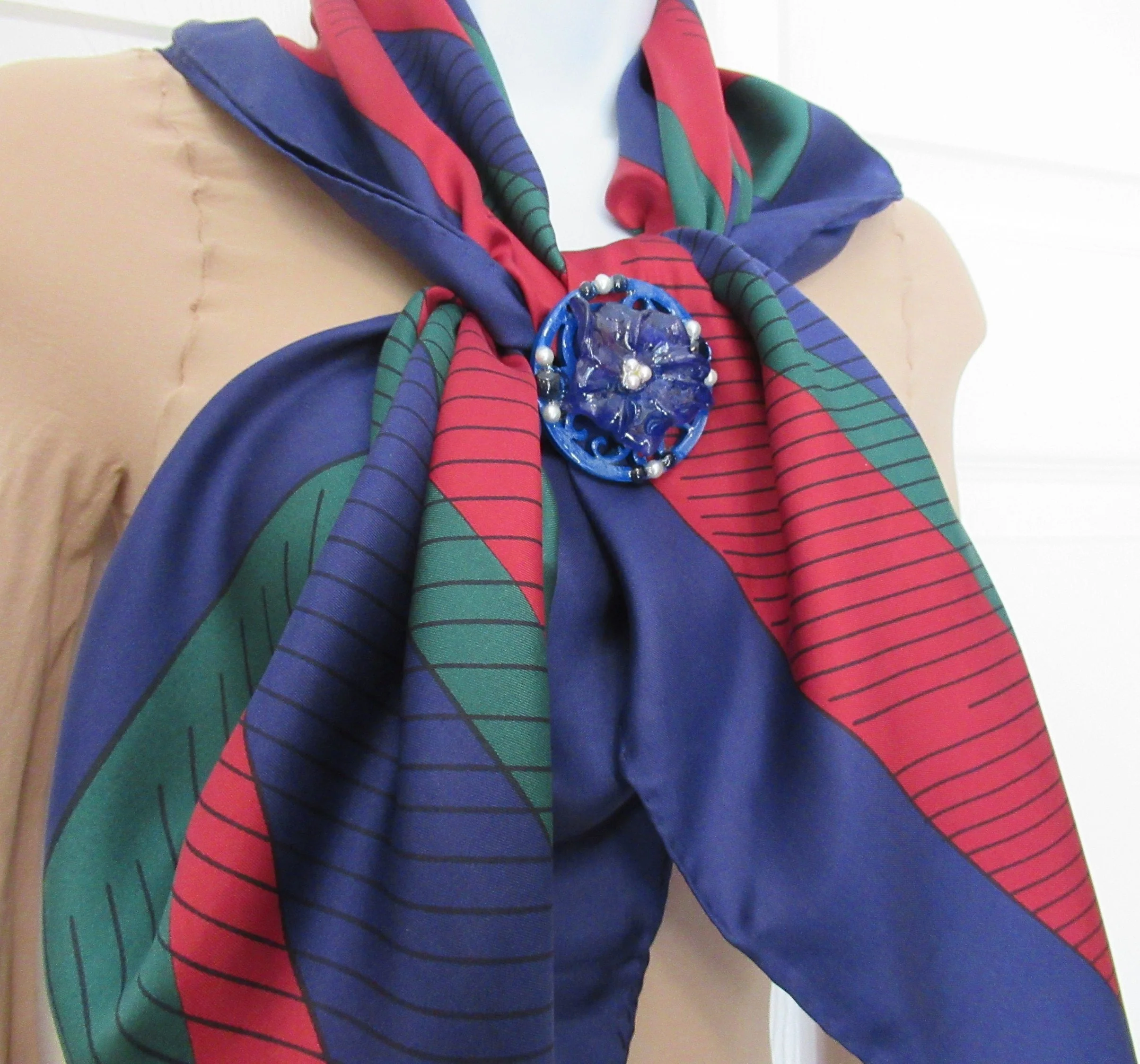 Square Silk Scarf 33 Inch Navy Blue Brick Red, Forest Green, Black Stripes, Finnish Designer, Bonus Magnetic Back Brooch by Marja Kurki - Image 2