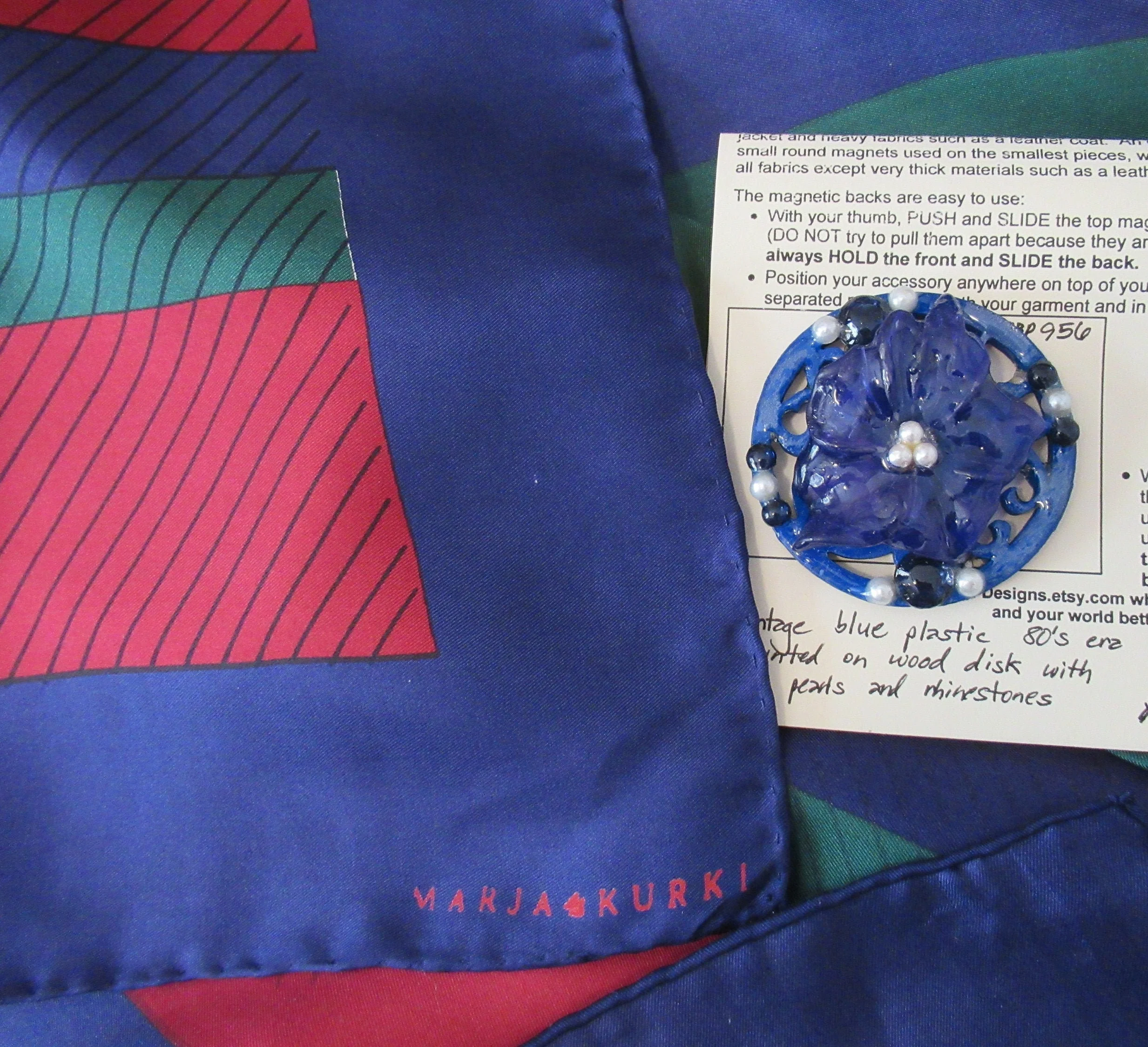 Square Silk Scarf 33 Inch Navy Blue Brick Red, Forest Green, Black Stripes, Finnish Designer, Bonus Magnetic Back Brooch by Marja Kurki - Image 3