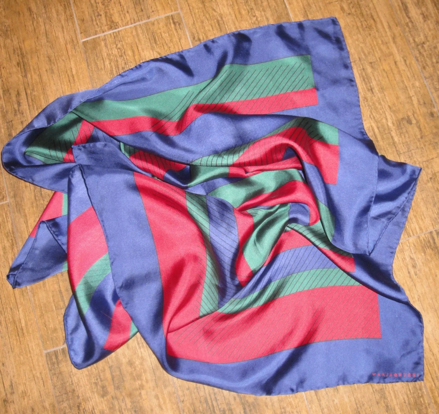 Square Silk Scarf 33 Inch Navy Blue Brick Red, Forest Green, Black Stripes, Finnish Designer, Bonus Magnetic Back Brooch by Marja Kurki - Image 4