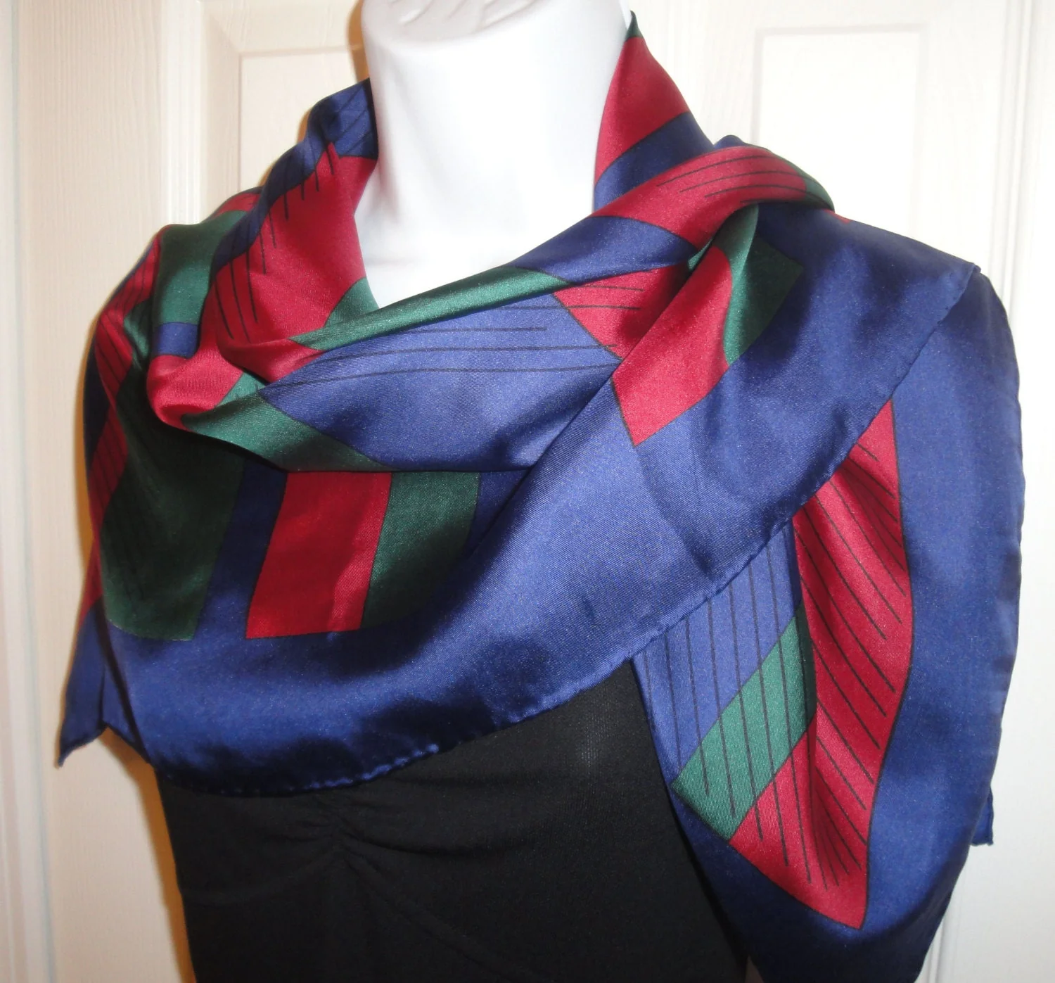 Square Silk Scarf 33 Inch Navy Blue Brick Red, Forest Green, Black Stripes, Finnish Designer, Bonus Magnetic Back Brooch by Marja Kurki - Image 7