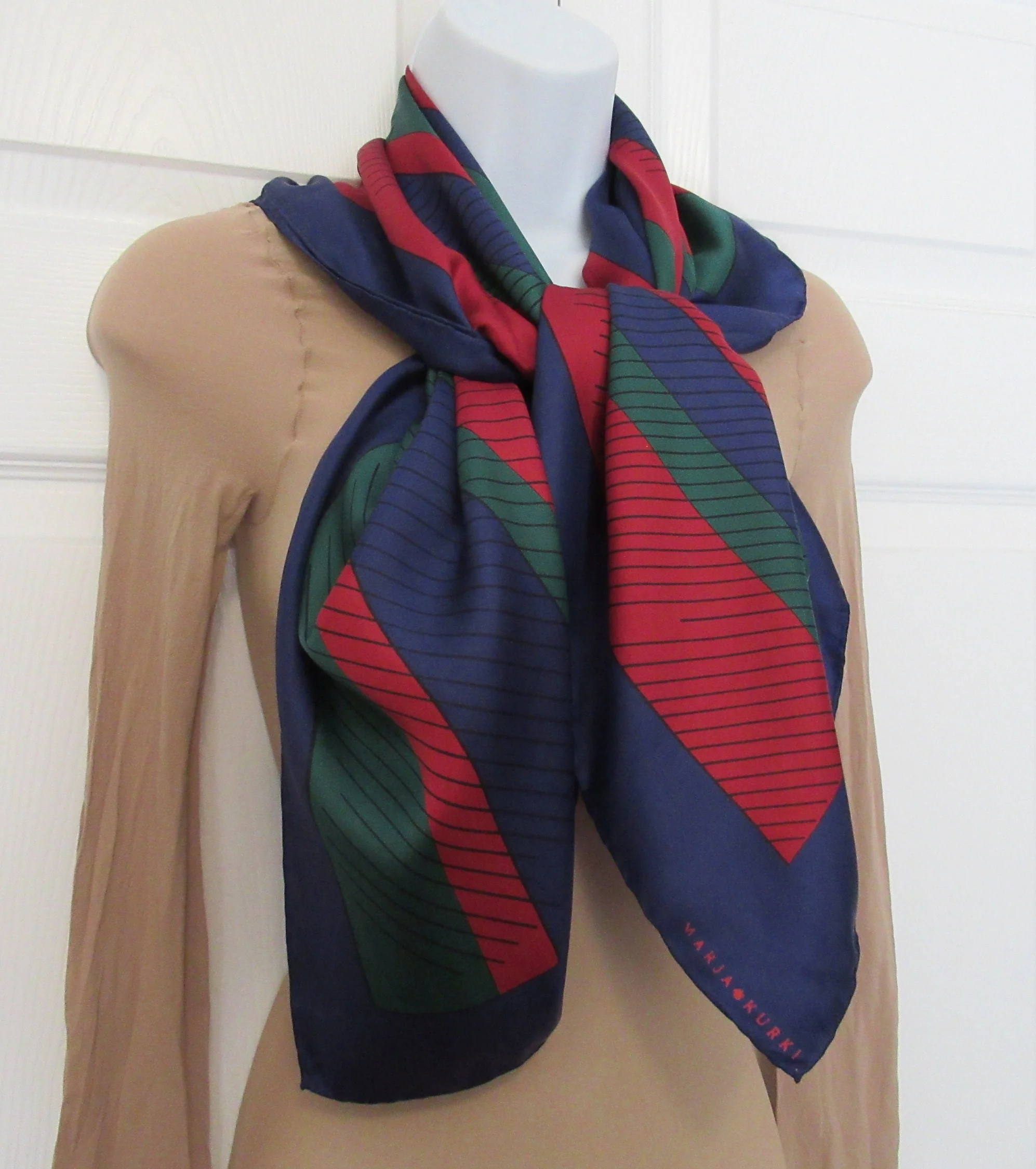 Square Silk Scarf 33 Inch Navy Blue Brick Red, Forest Green, Black Stripes, Finnish Designer, Bonus Magnetic Back Brooch by Marja Kurki - Image 9