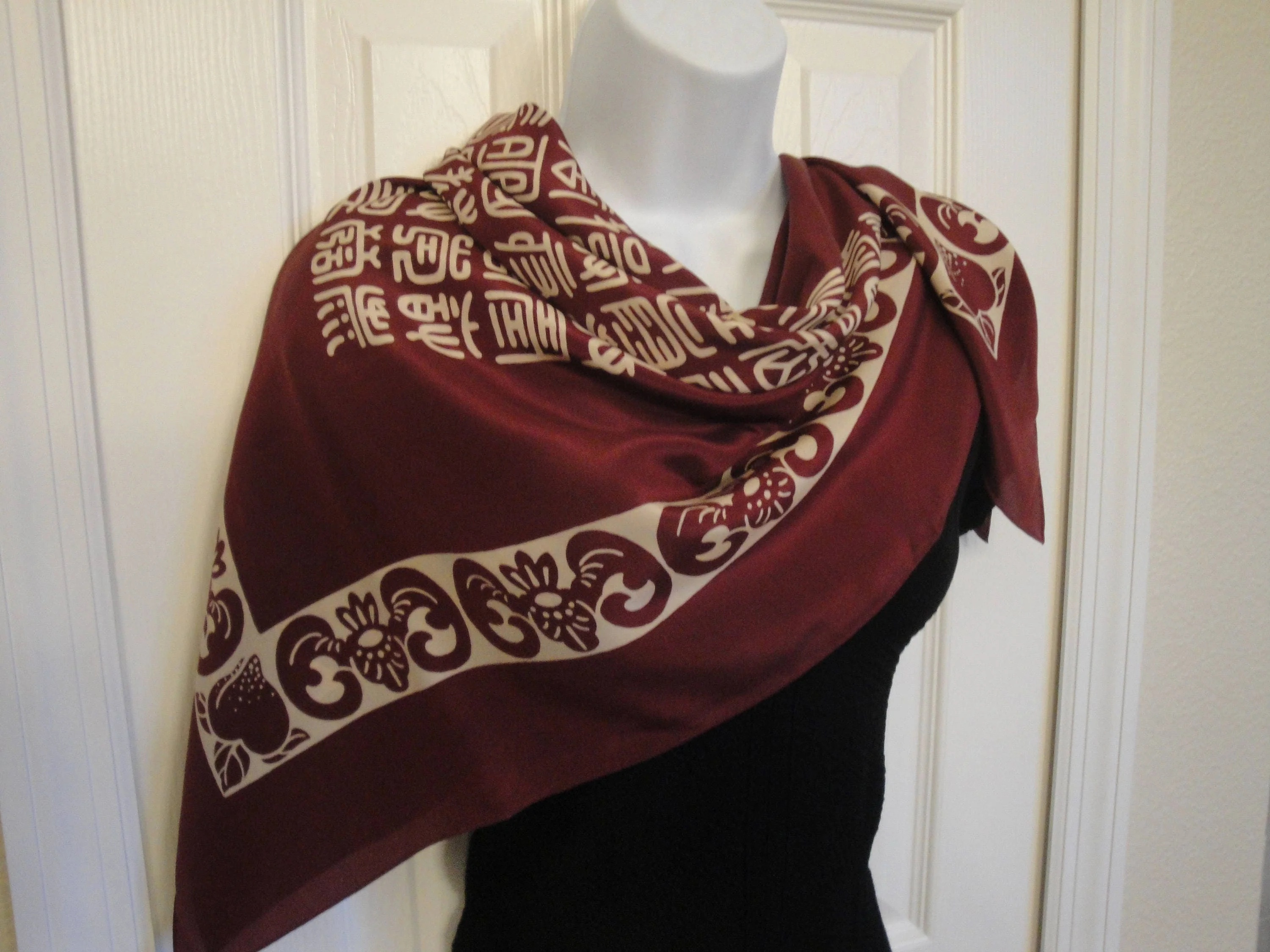 Square Silk Scarf Burgundy and Taupe Letter Design Made In Korea Unique Style Very Lightly Used Bonus Scarf Donuts - Image 10