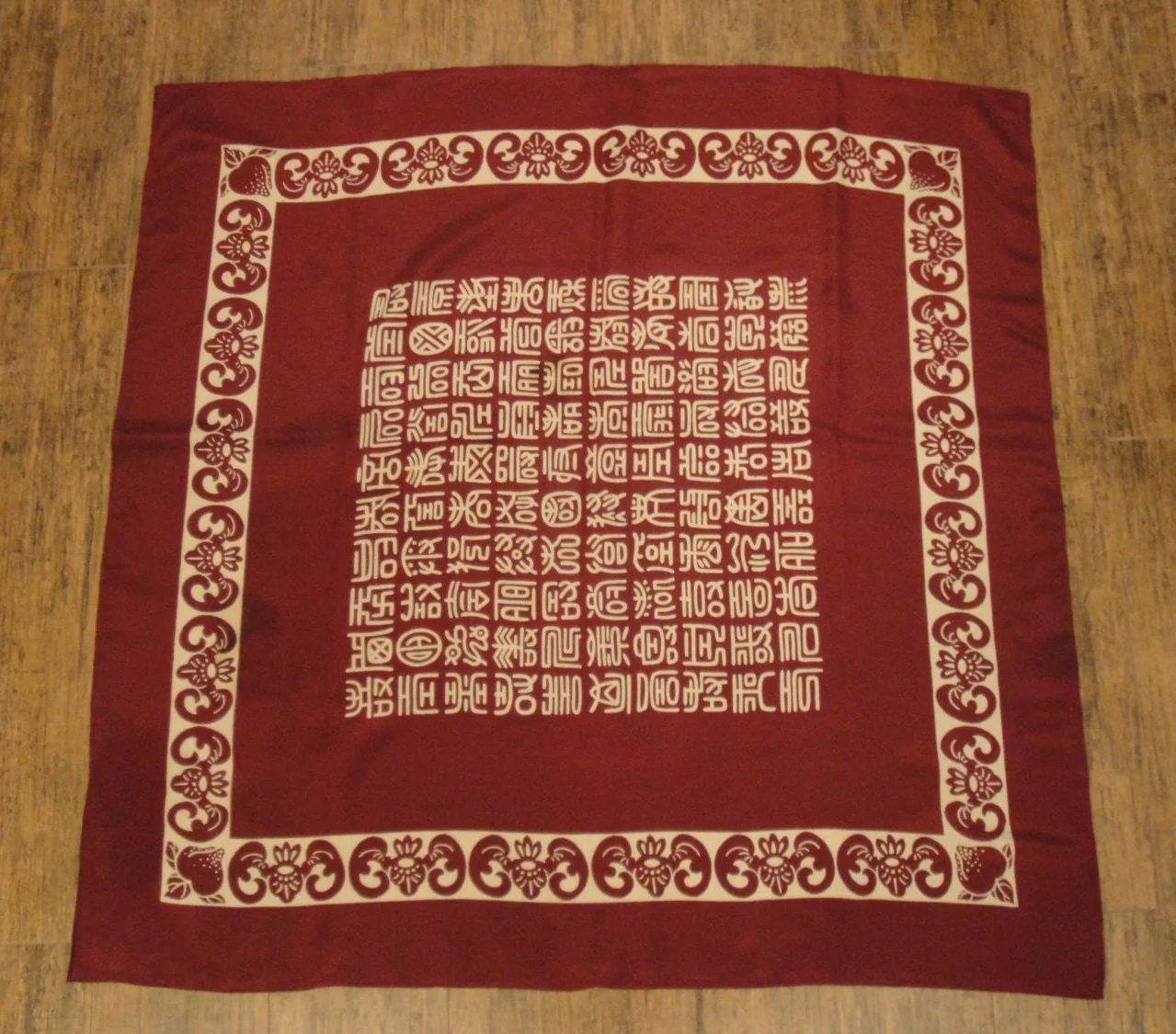 Square Silk Scarf Burgundy and Taupe Letter Design Made In Korea Unique Style Very Lightly Used Bonus Scarf Donuts - Image 2