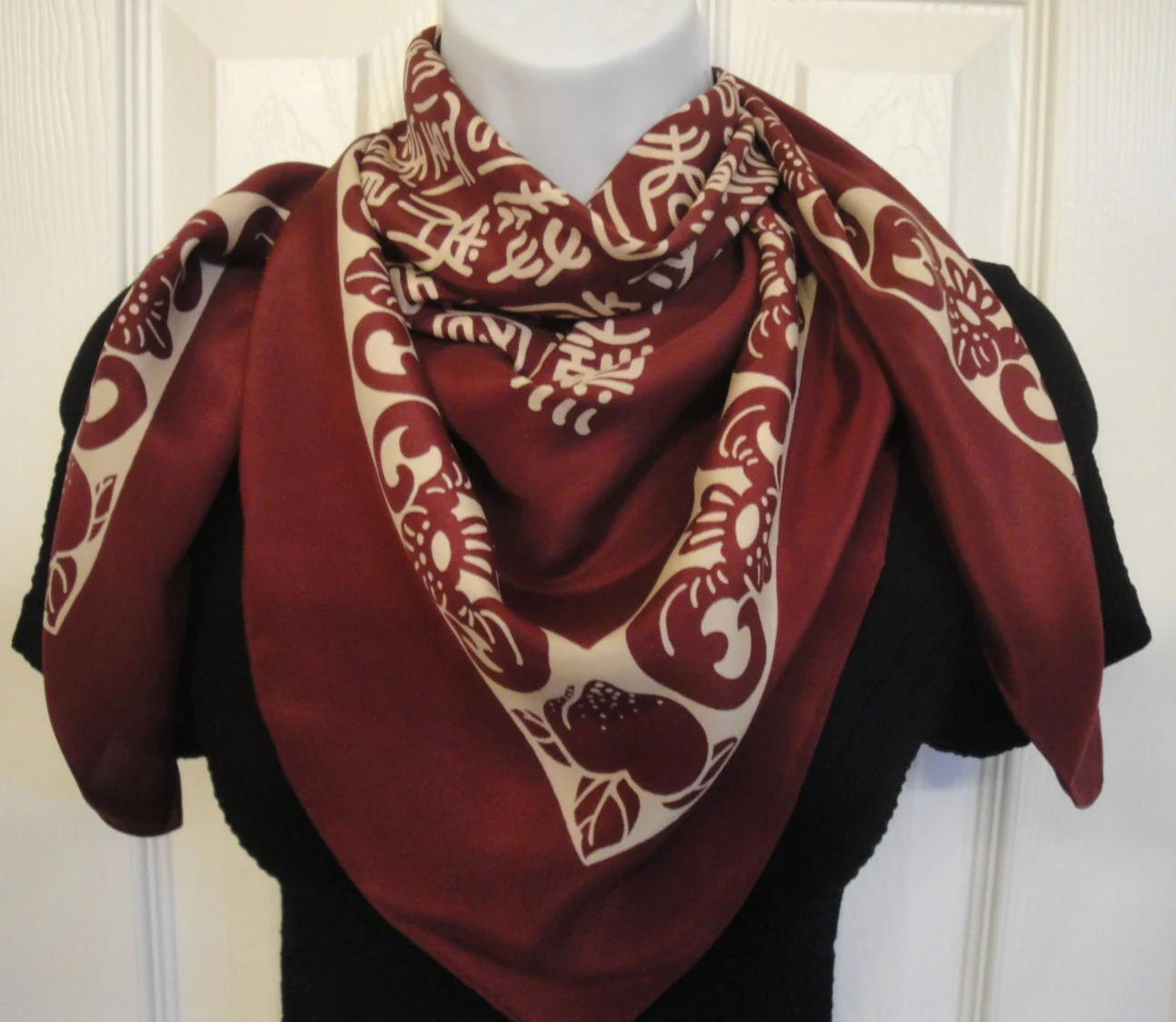 Square Silk Scarf Burgundy and Taupe Letter Design Made In Korea Unique Style Very Lightly Used Bonus Scarf Donuts - Image 3