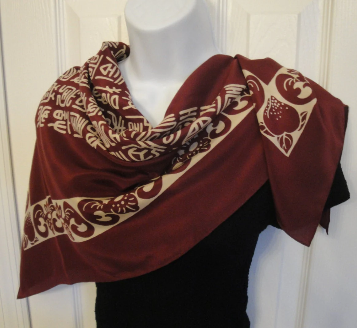 Square Silk Scarf Burgundy and Taupe Letter Design Made In Korea Unique Style Very Lightly Used Bonus Scarf Donuts - Image 5