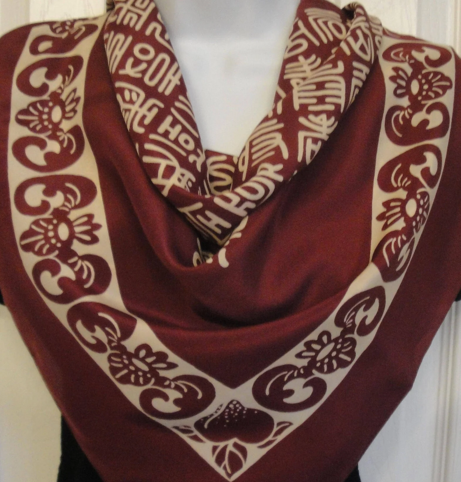 Square Silk Scarf Burgundy and Taupe Letter Design Made In Korea Unique Style Very Lightly Used Bonus Scarf Donuts - Image 8