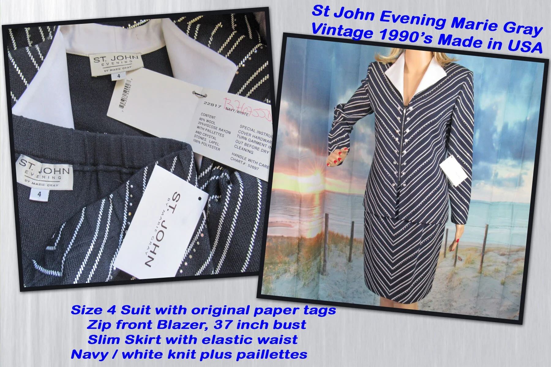 St John Evening Suit Marie Gray Set W Paper Tags Zip Front Blazer Slim Skirt Navy White with Paillettes White Collar Vintage by St John - Image 2