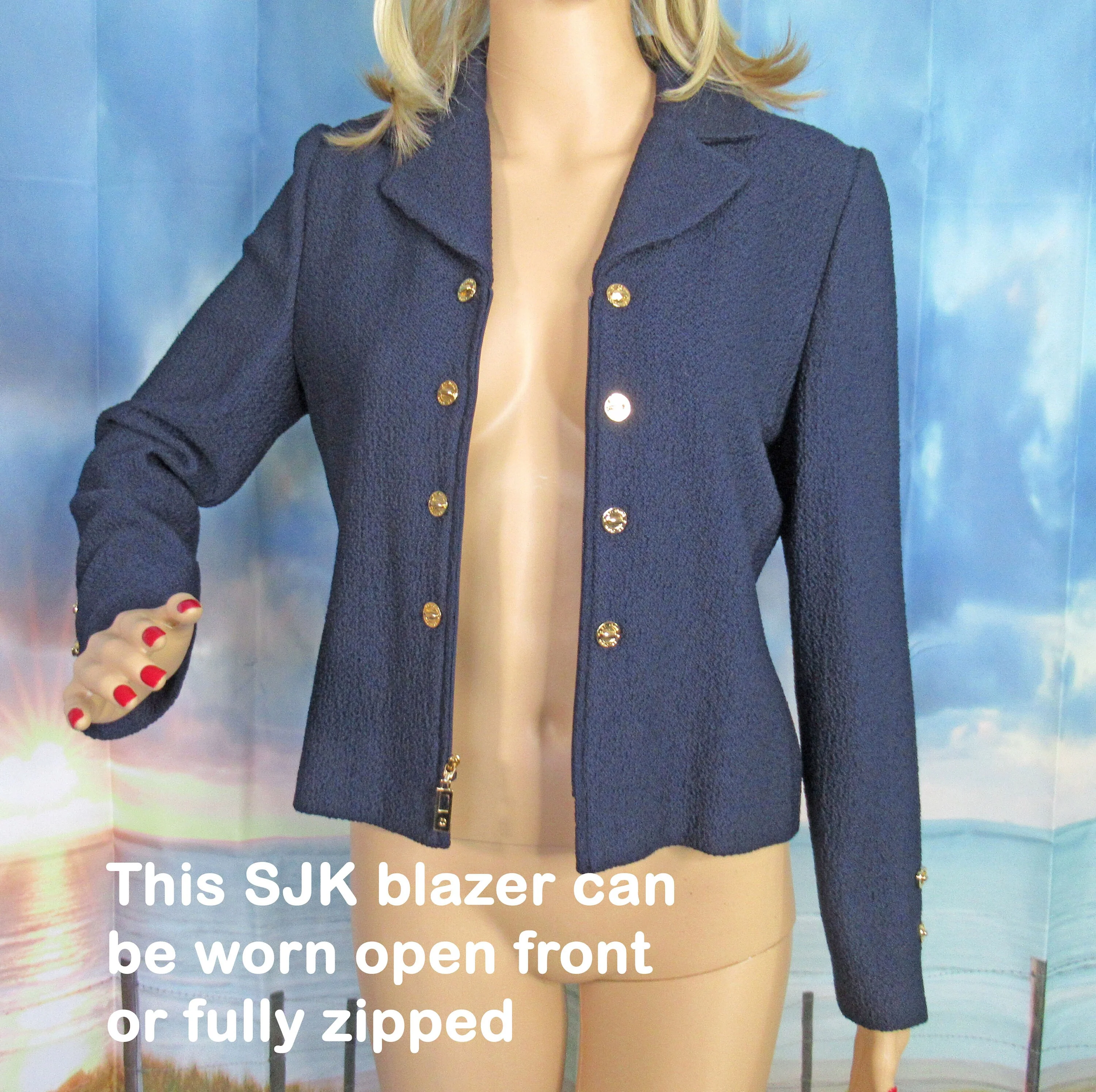 St John Jacket Collection by Marie Gray Navy Blue Santana Knit Zip Front Sj Logo Tab Gold Metal Buttons by St John - Image 4