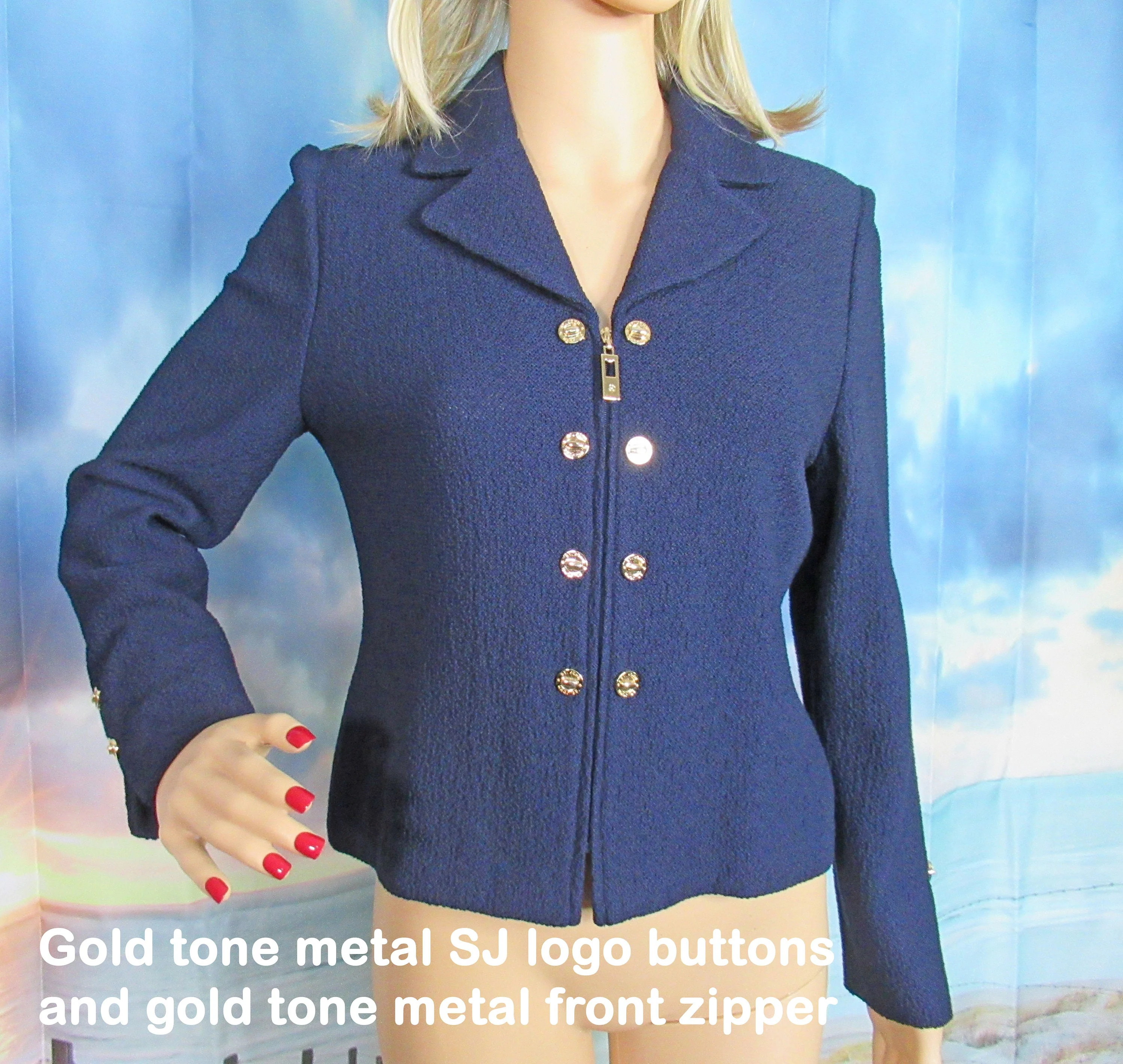 St John Jacket Collection by Marie Gray Navy Blue Santana Knit Zip Front Sj Logo Tab Gold Metal Buttons by St John - Image 7
