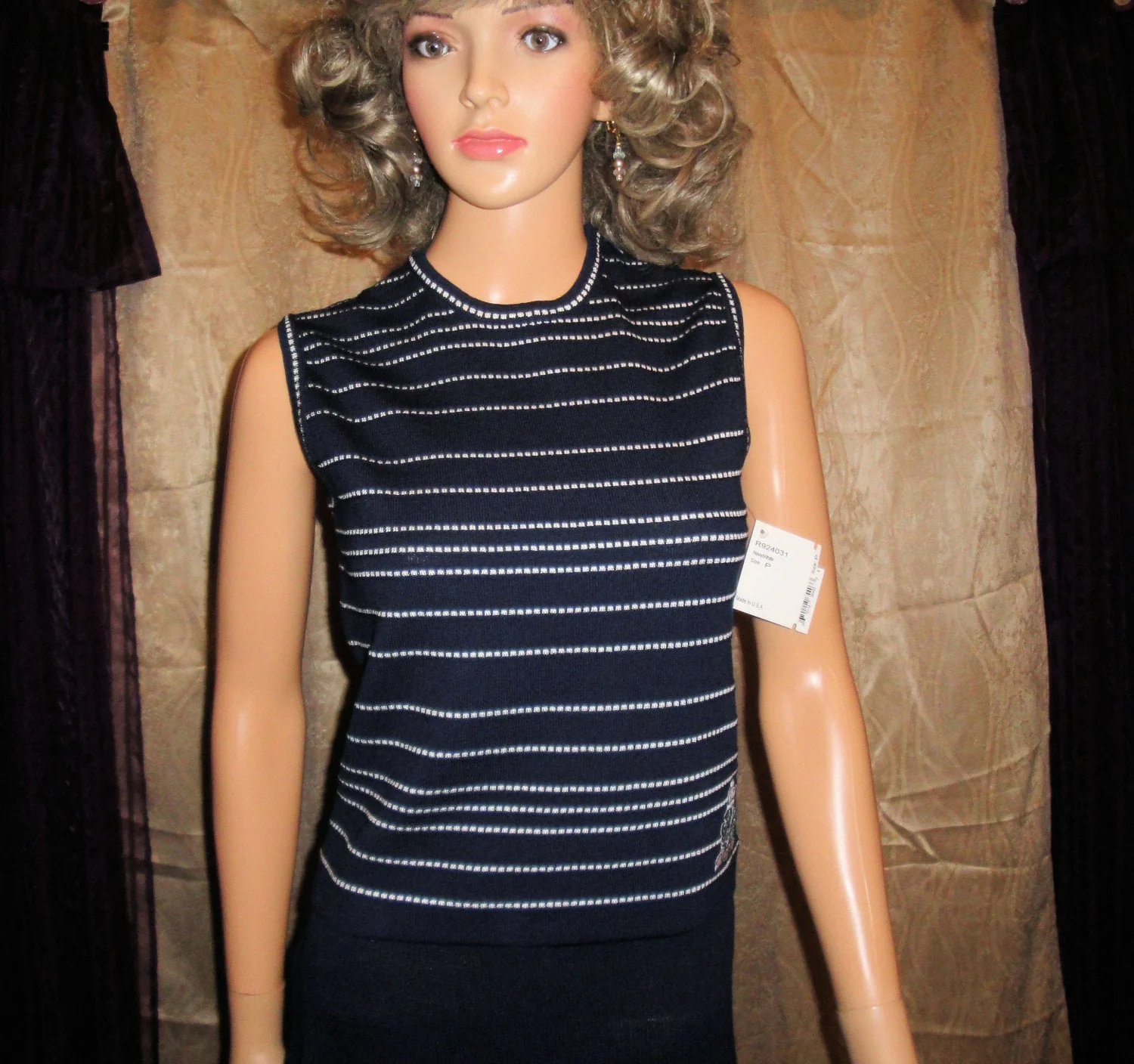 St John Knit Tank Top by Marie Gray Santana Navy Blue and White Stripe High Neck Sjk Petite with Tag Vintage by St John by St John - Image 3