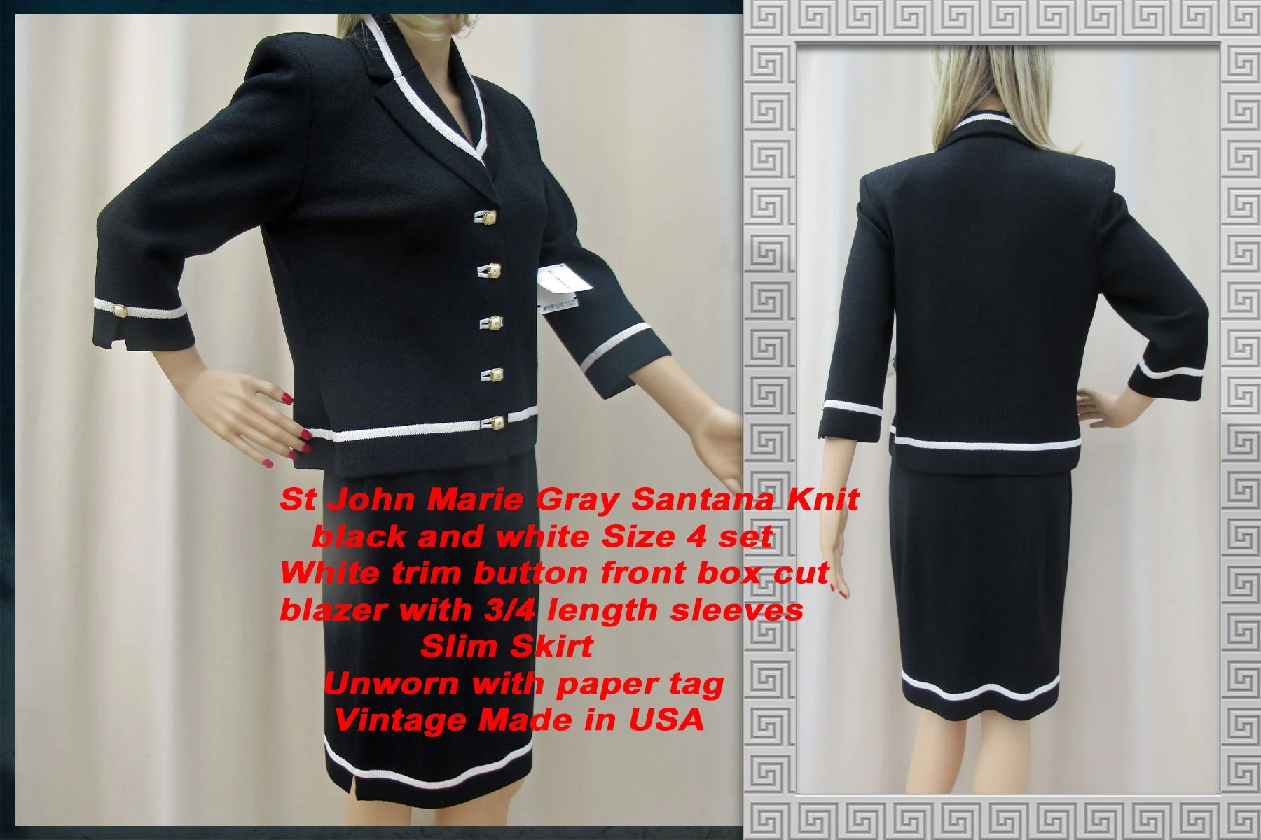 St John Set by Marie Gray Black White Knit White Trim Button Front Top Length Sleeve Slim Skirt by Marie Gray - Image 2