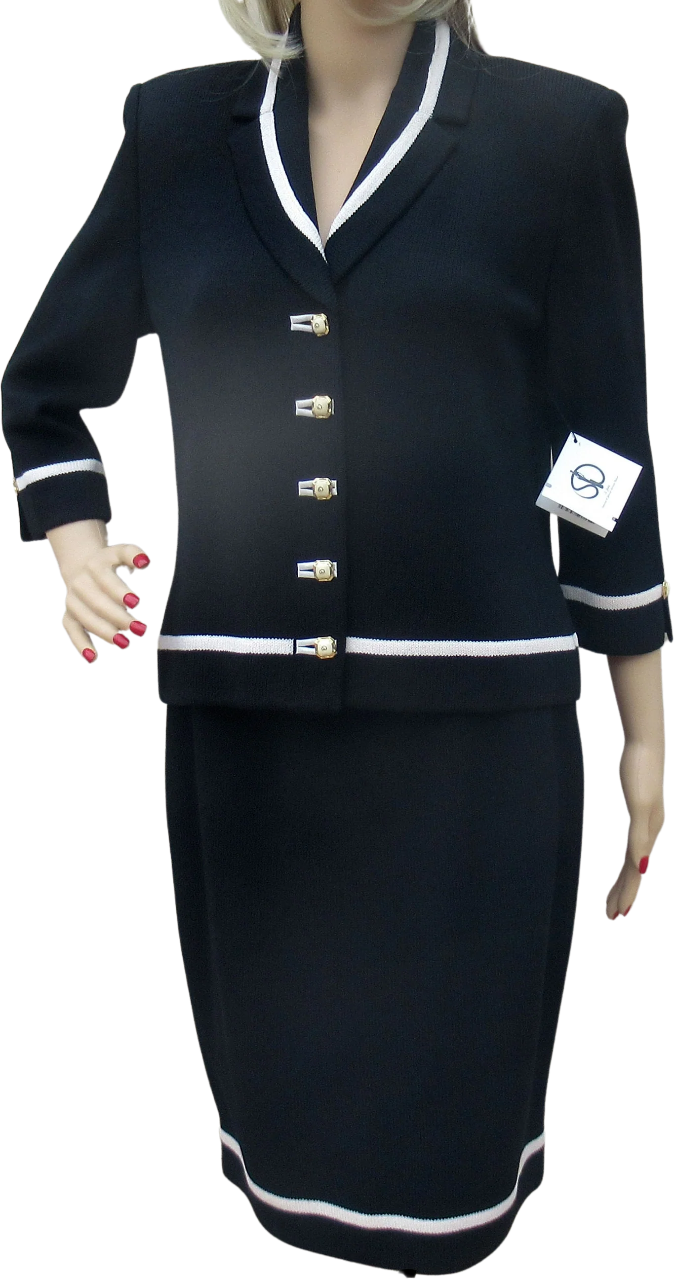St John Set by Marie Gray Black White Knit White Trim Button Front Top Length Sleeve Slim Skirt by Marie Gray - Image 3