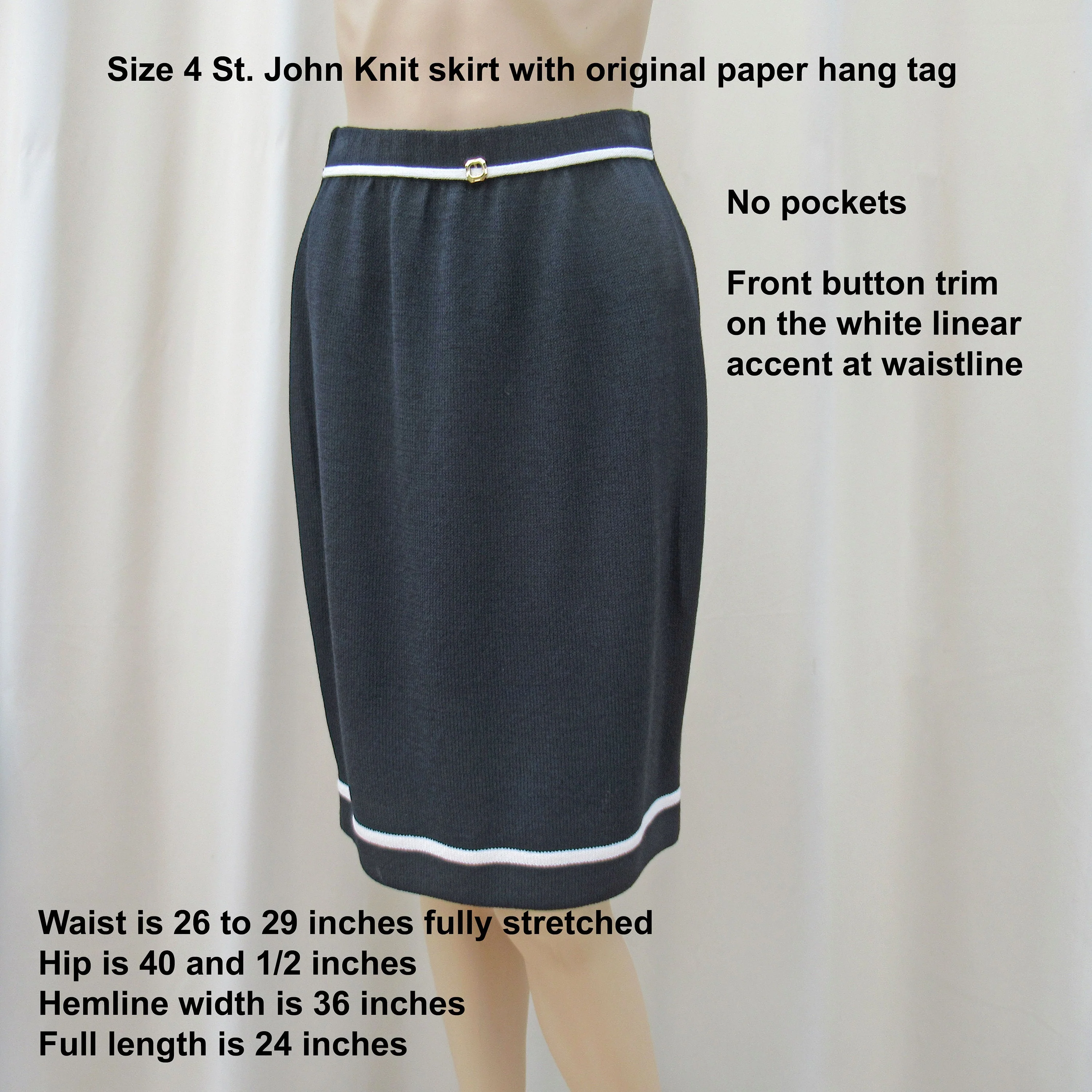 St John Set by Marie Gray Black White Knit White Trim Button Front Top Length Sleeve Slim Skirt by Marie Gray - Image 5