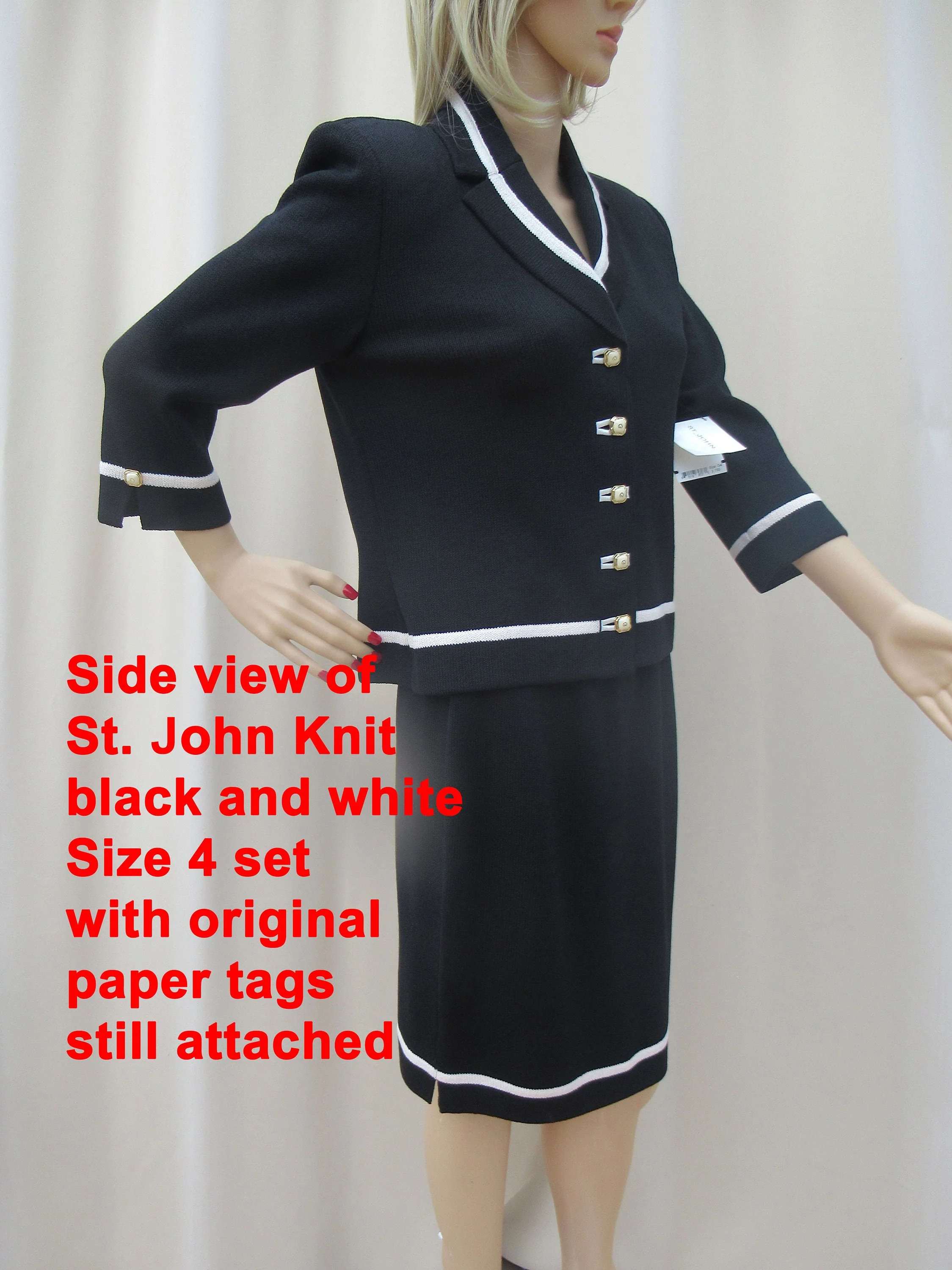 St John Set by Marie Gray Black White Knit White Trim Button Front Top Length Sleeve Slim Skirt by Marie Gray - Image 6