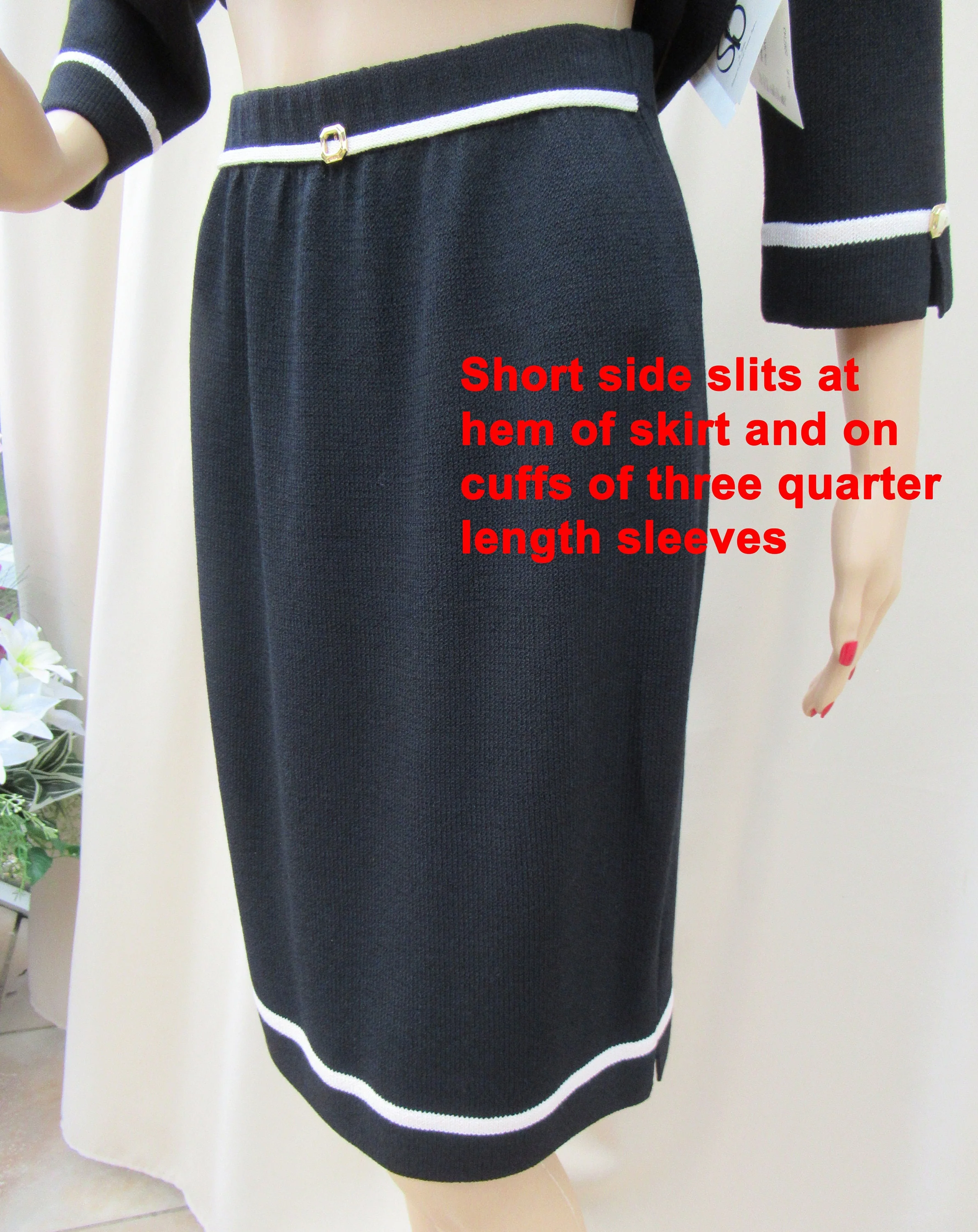 St John Set by Marie Gray Black White Knit White Trim Button Front Top Length Sleeve Slim Skirt by Marie Gray - Image 7