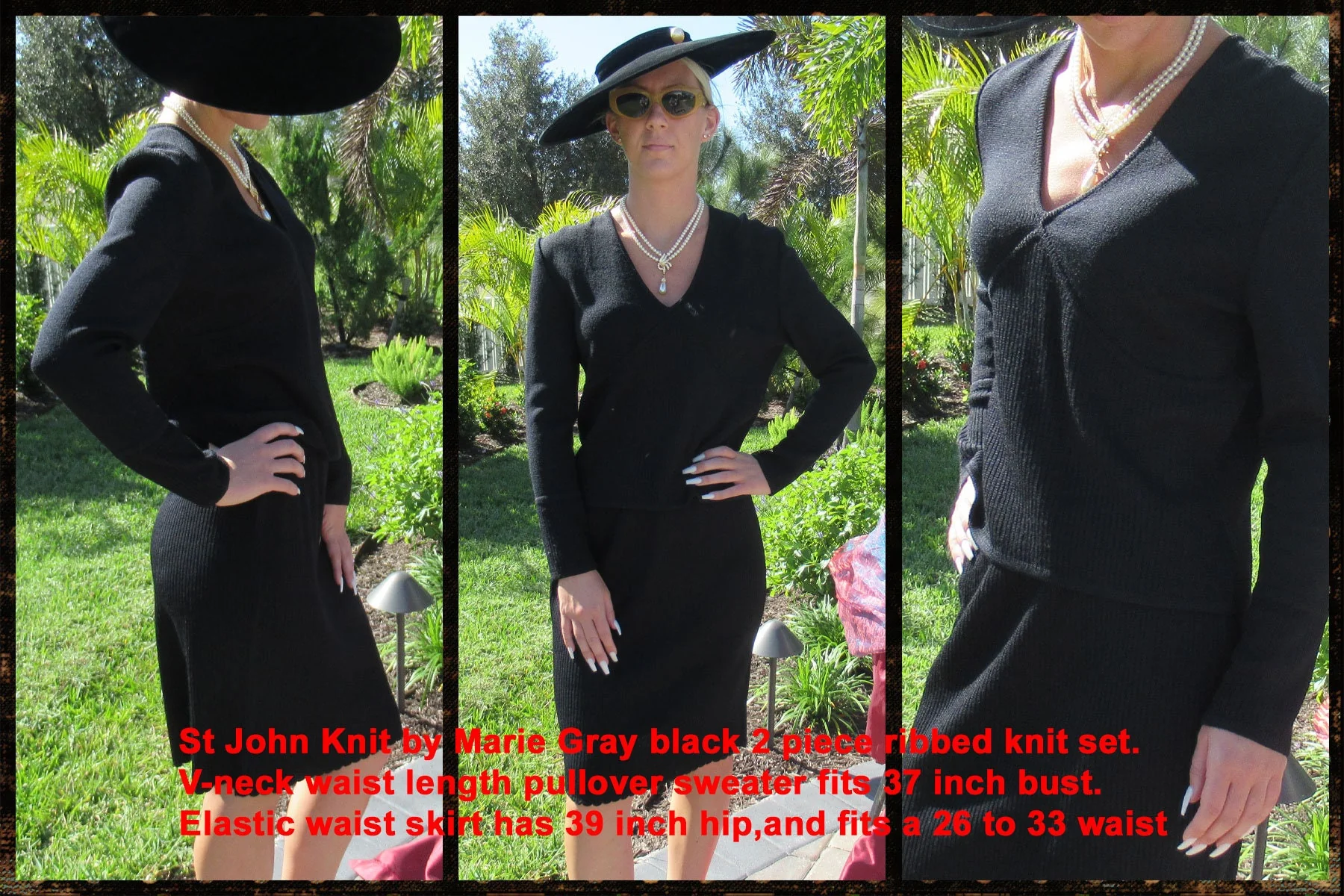 St John Set Marie Gray Two Piece Ribbed Knit Black V-Neck Length Sweater Long Sleeves Skirt by St John - Image 2