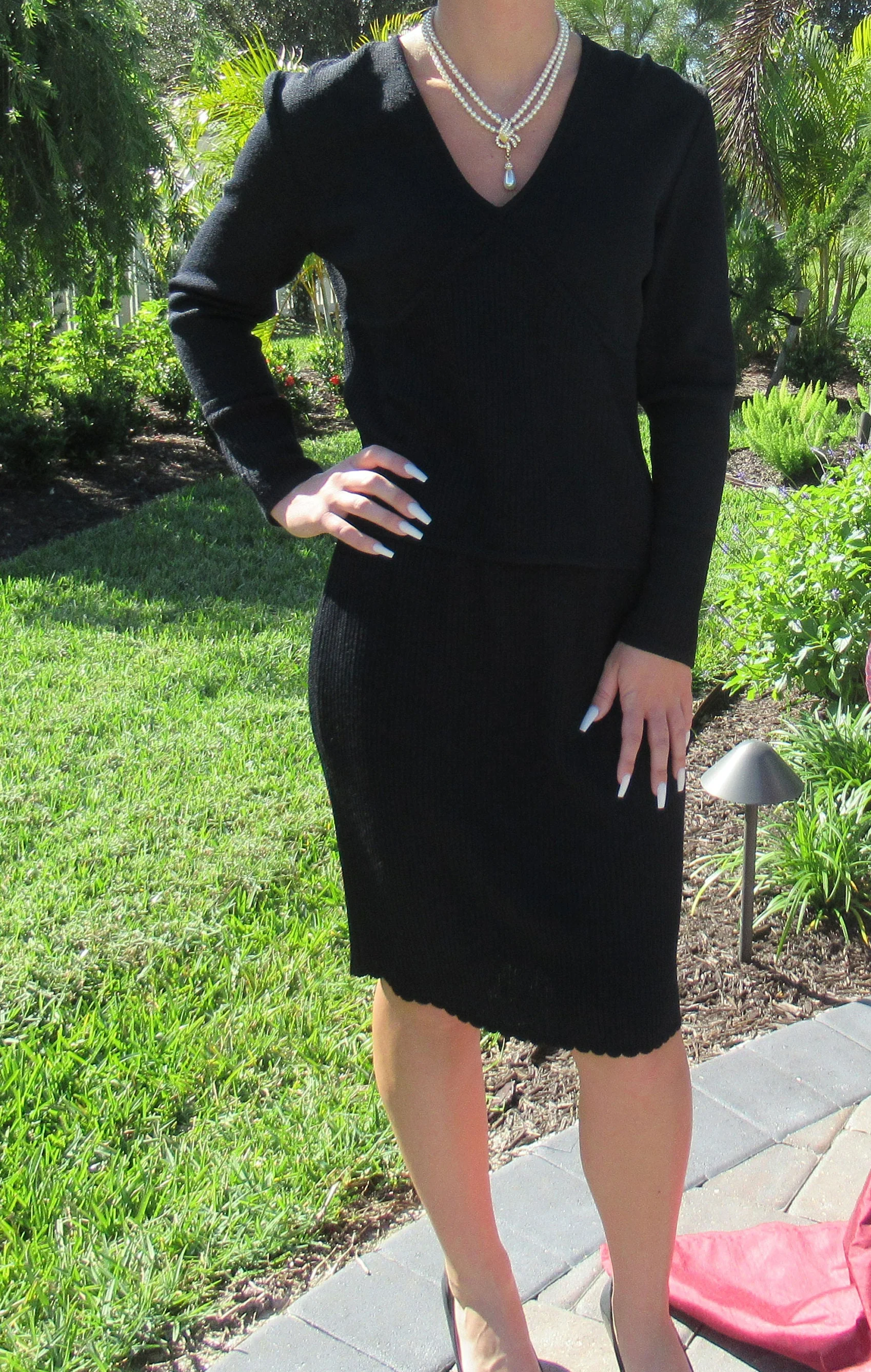 St John Set Marie Gray Two Piece Ribbed Knit Black V-Neck Length Sweater Long Sleeves Skirt by St John - Image 4