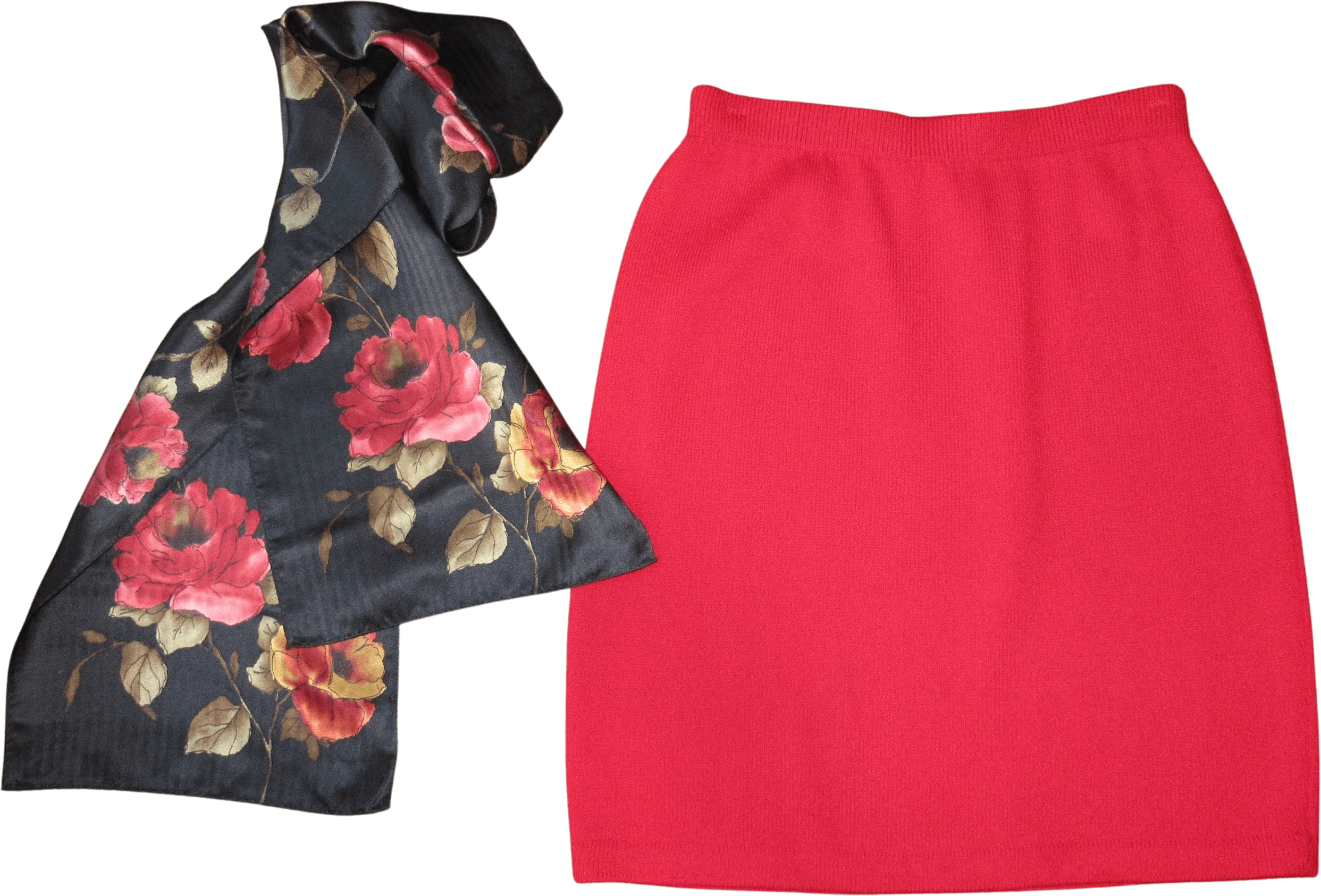St. John Skirt Santana Knit Marie Gray Red Above Knee Length Flat Front Style Bonus Scarf by St. John