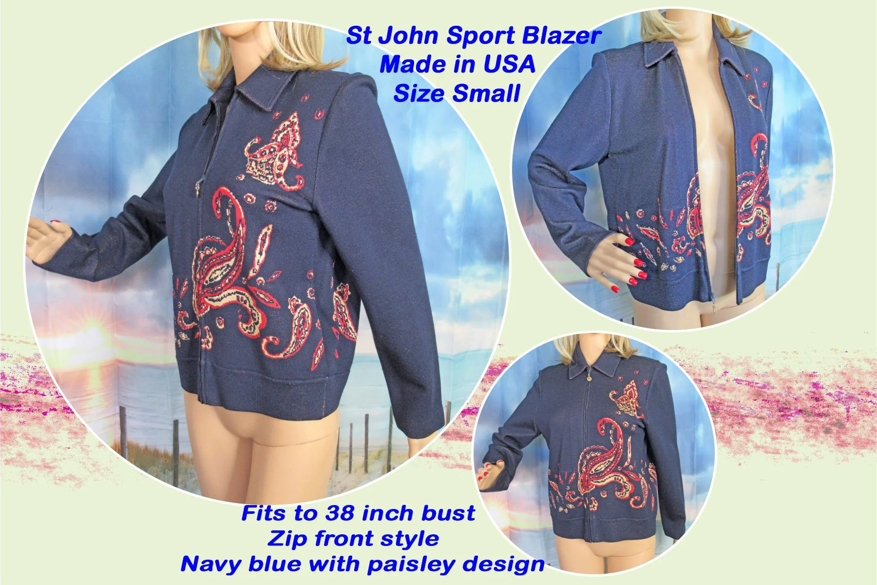 St John Sport Blazer Length Small Zip Front Collar and Long Sleeves Navy Blue W Red Tan Paisley Design by St John - Image 2