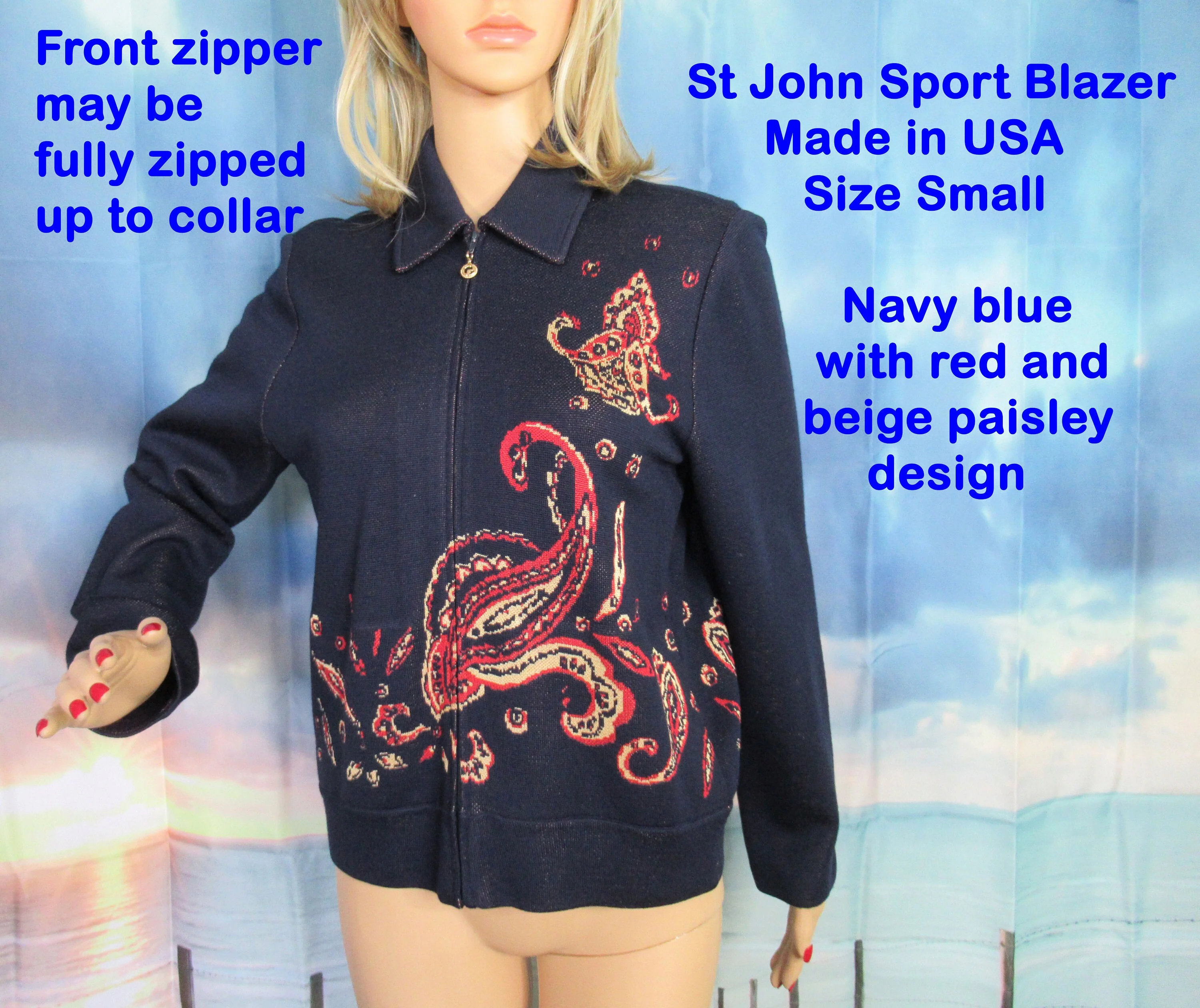 St John Sport Blazer Length Small Zip Front Collar and Long Sleeves Navy Blue W Red Tan Paisley Design by St John - Image 3
