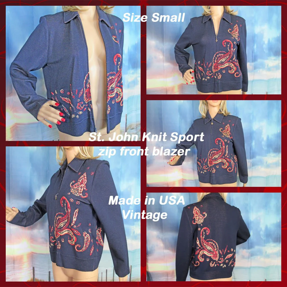 St John Sport Blazer Length Small Zip Front Collar and Long Sleeves Navy Blue W Red Tan Paisley Design by St John - Image 4