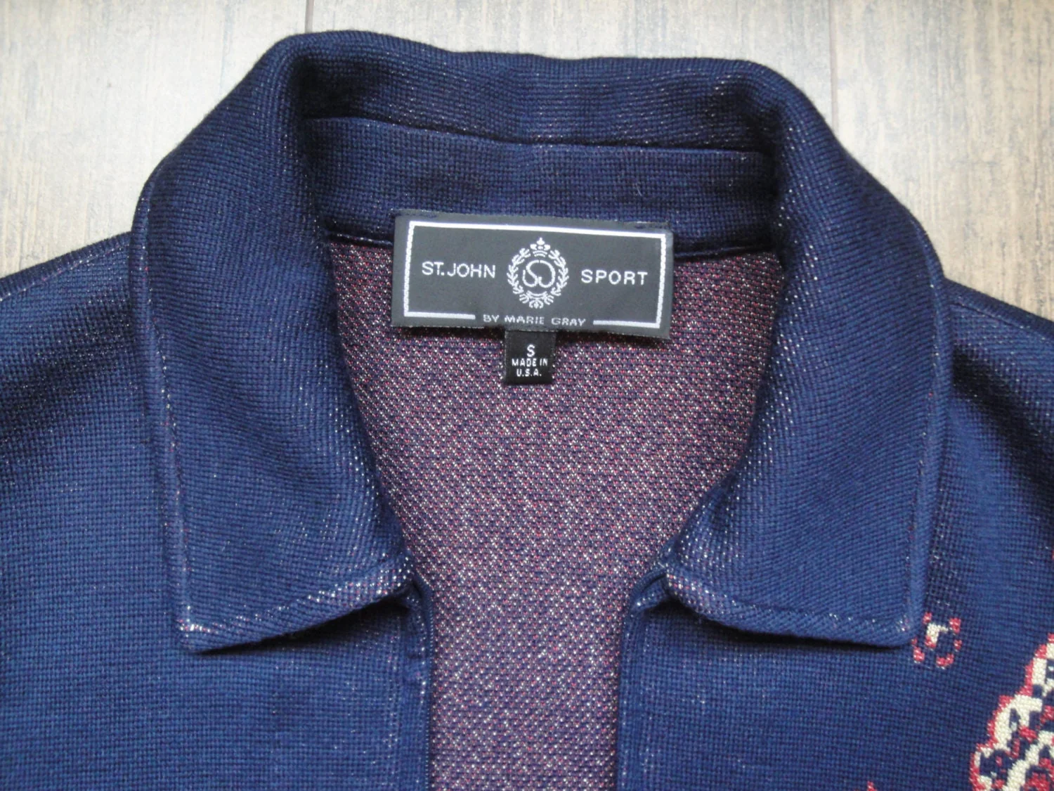 St John Sport Blazer Length Small Zip Front Collar and Long Sleeves Navy Blue W Red Tan Paisley Design by St John - Image 9