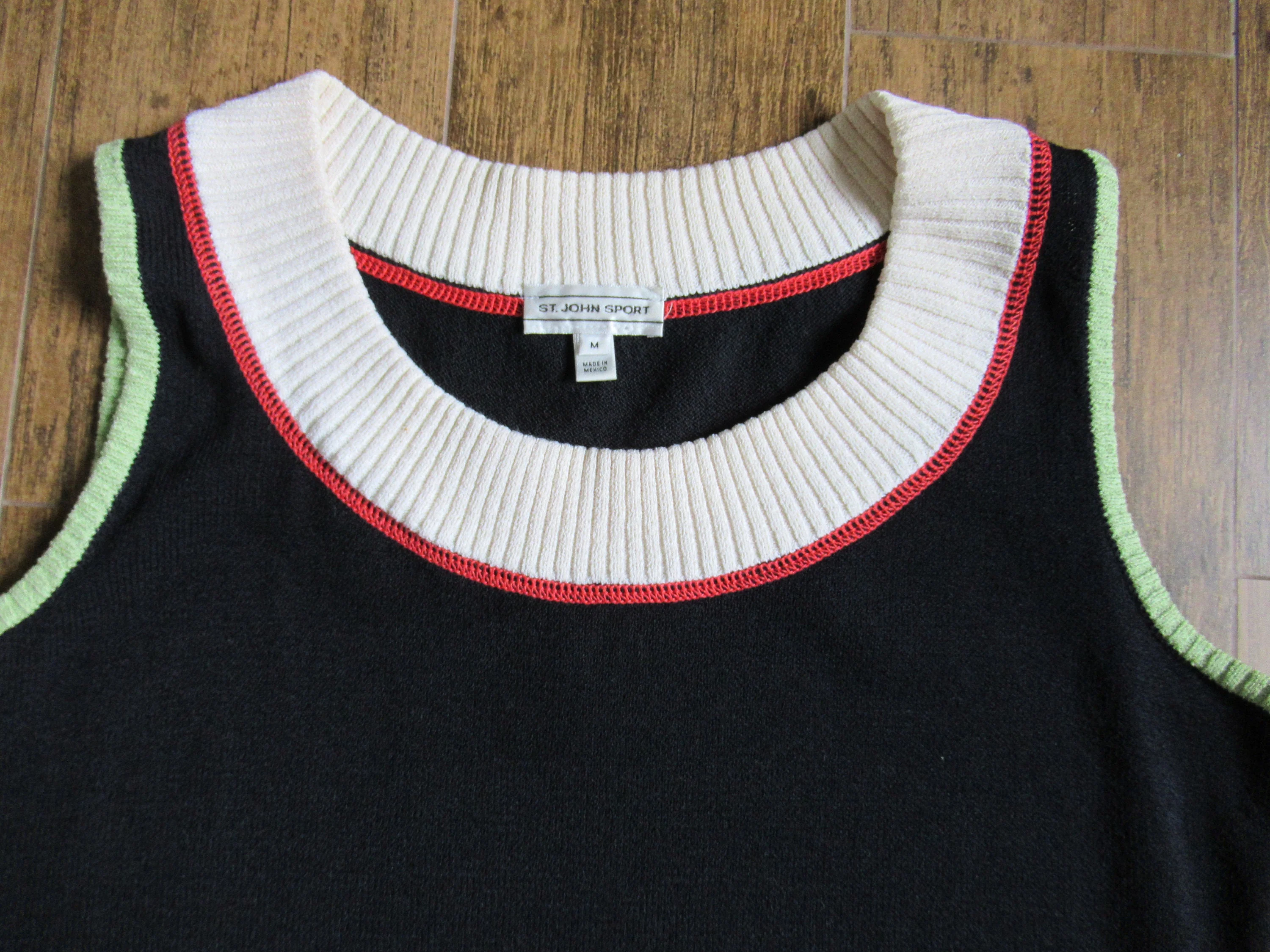 St John Sport by Marie Gray Santana Knit Tank Top Sleeveless Black W White Sage Green Brick Red Scoop Neck Vintage by St John Sport By Marie Gray - Image 2