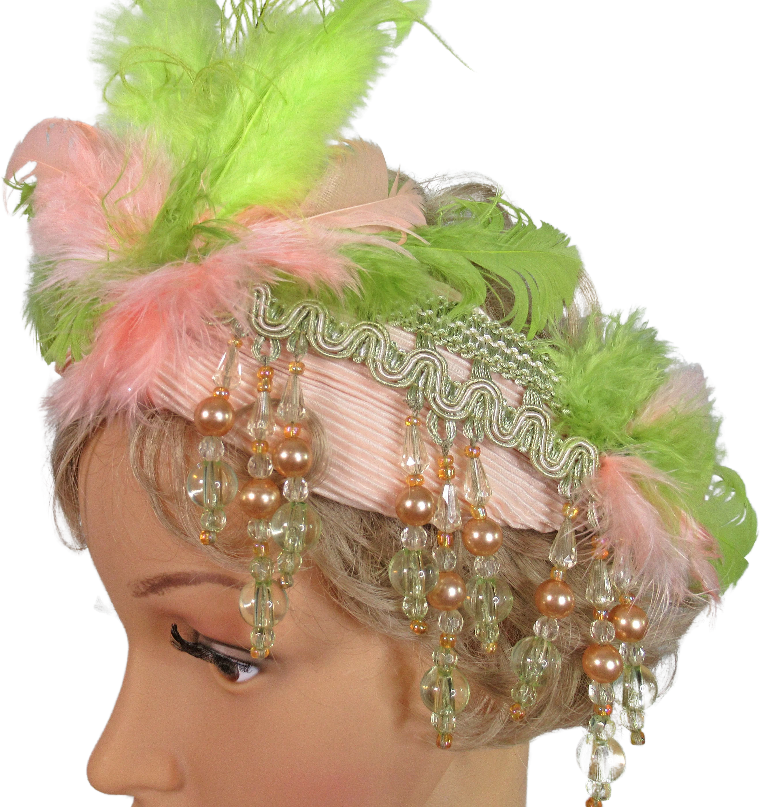 Statement Stretch Headband Dangling Beads Pastel Beige and Apple Green Beads W Matching Feathers Wow Appeal In This Stylish Flapper Style