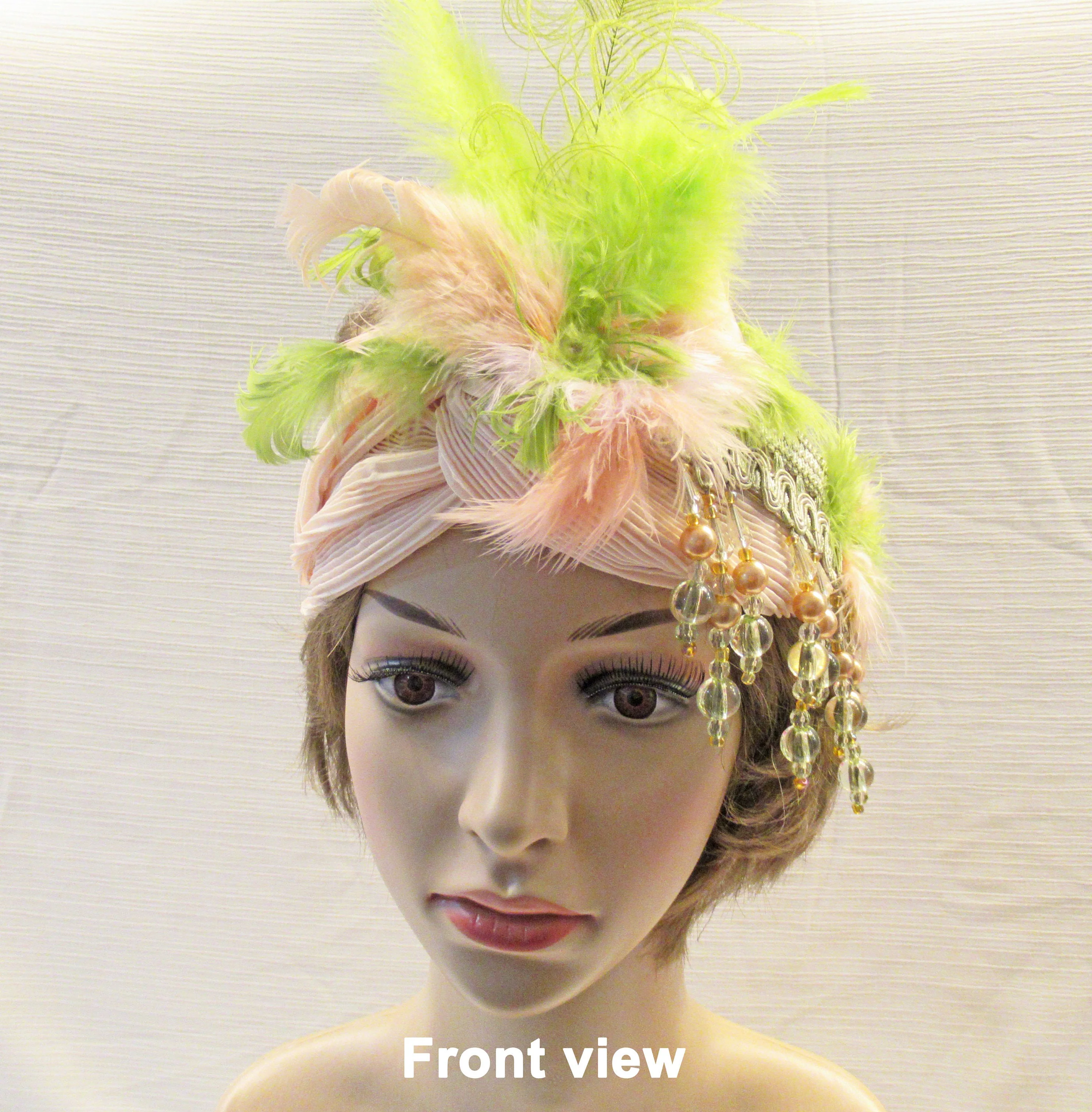 Statement Stretch Headband Dangling Beads Pastel Beige and Apple Green Beads W Matching Feathers Wow Appeal In This Stylish Flapper Style - Image 10