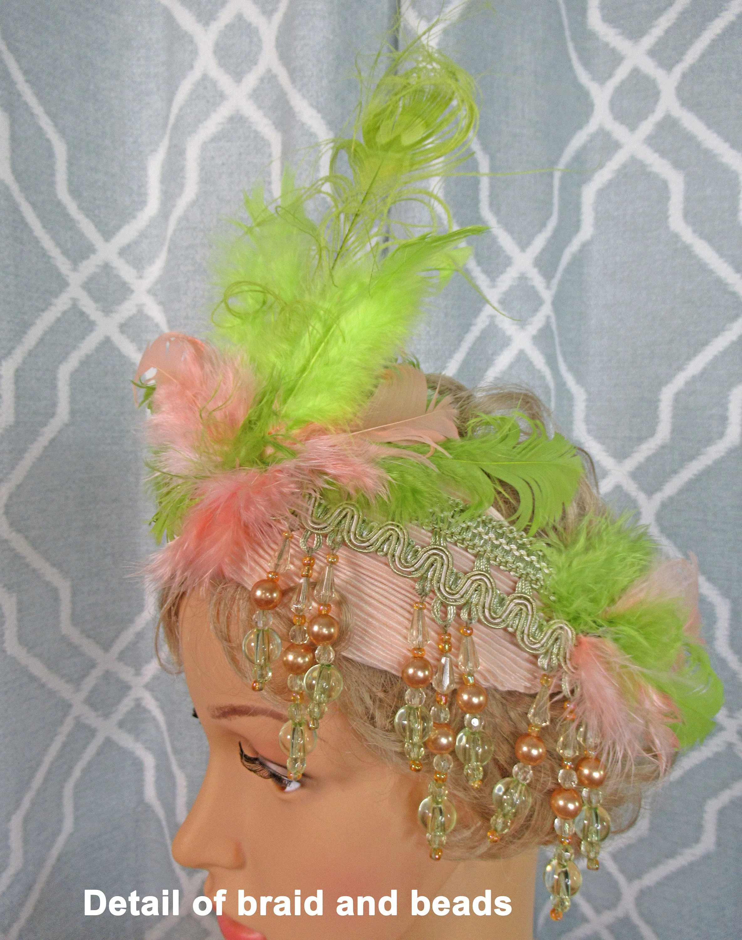 Statement Stretch Headband Dangling Beads Pastel Beige and Apple Green Beads W Matching Feathers Wow Appeal In This Stylish Flapper Style - Image 2