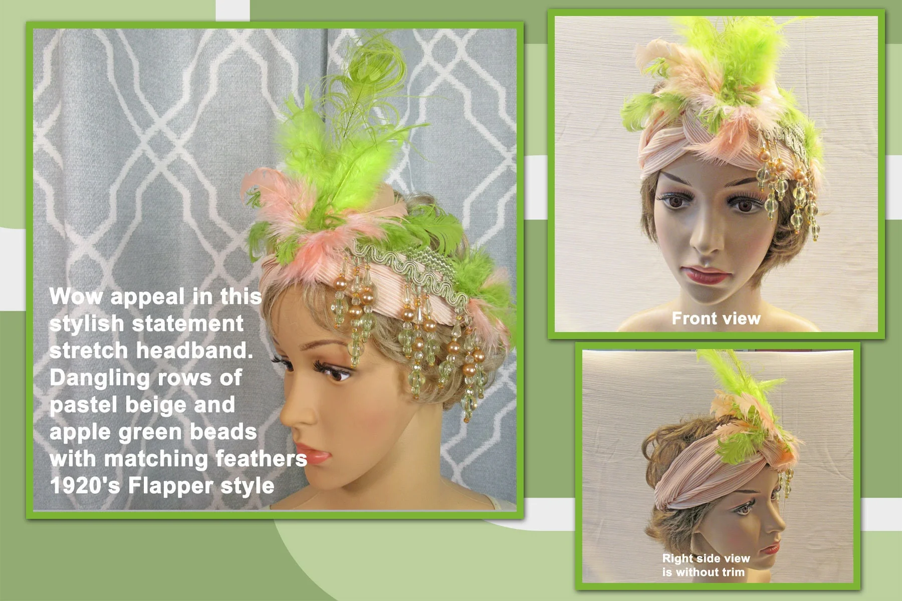Statement Stretch Headband Dangling Beads Pastel Beige and Apple Green Beads W Matching Feathers Wow Appeal In This Stylish Flapper Style - Image 3