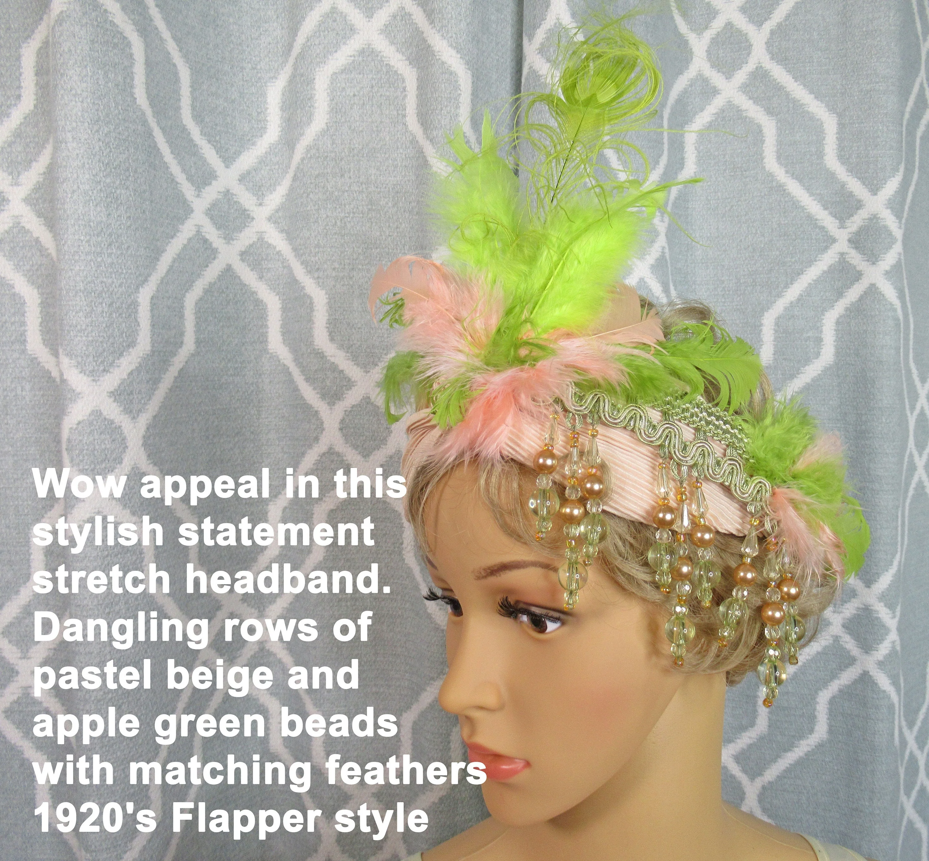 Statement Stretch Headband Dangling Beads Pastel Beige and Apple Green Beads W Matching Feathers Wow Appeal In This Stylish Flapper Style - Image 4
