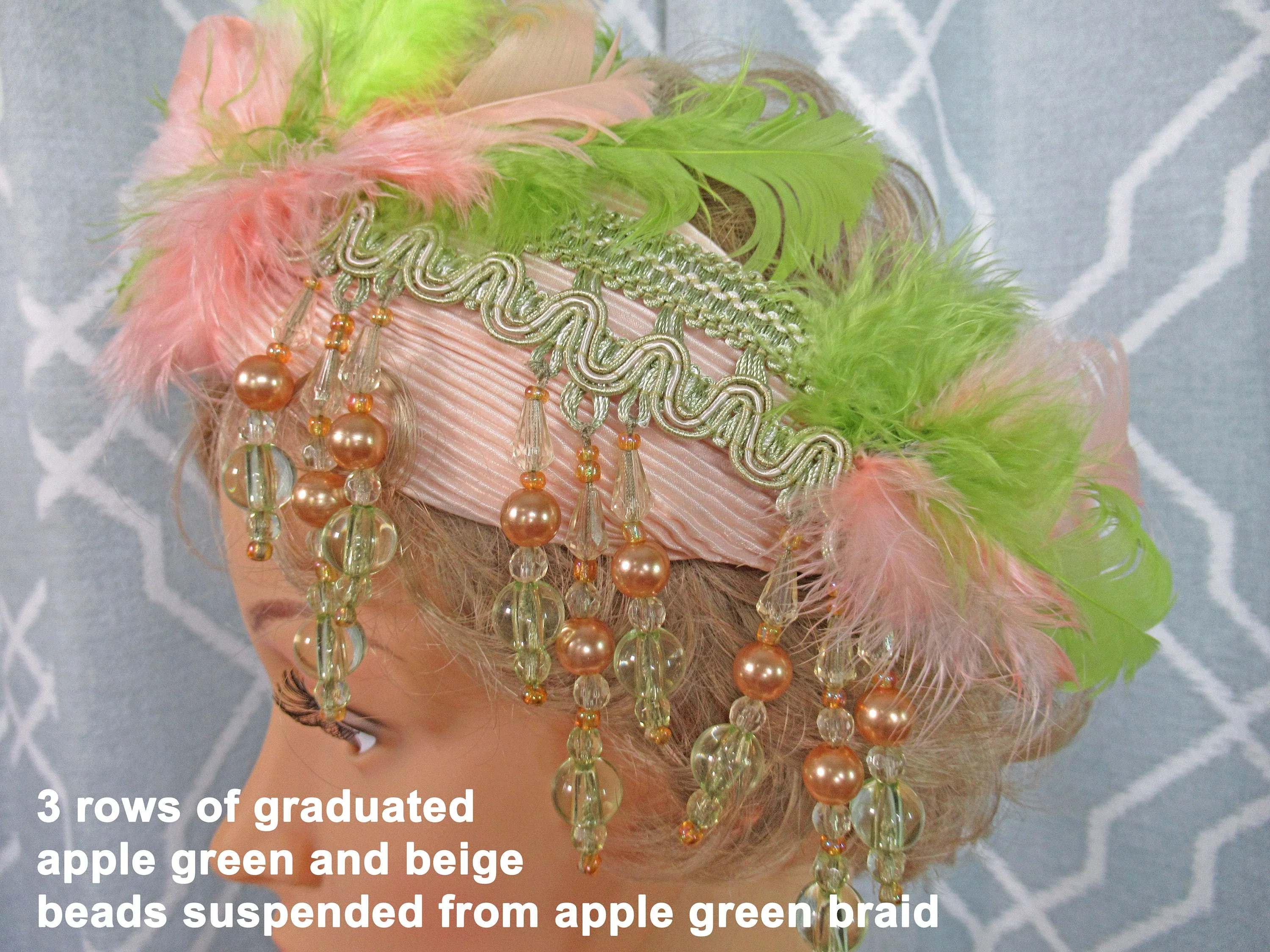 Statement Stretch Headband Dangling Beads Pastel Beige and Apple Green Beads W Matching Feathers Wow Appeal In This Stylish Flapper Style - Image 5