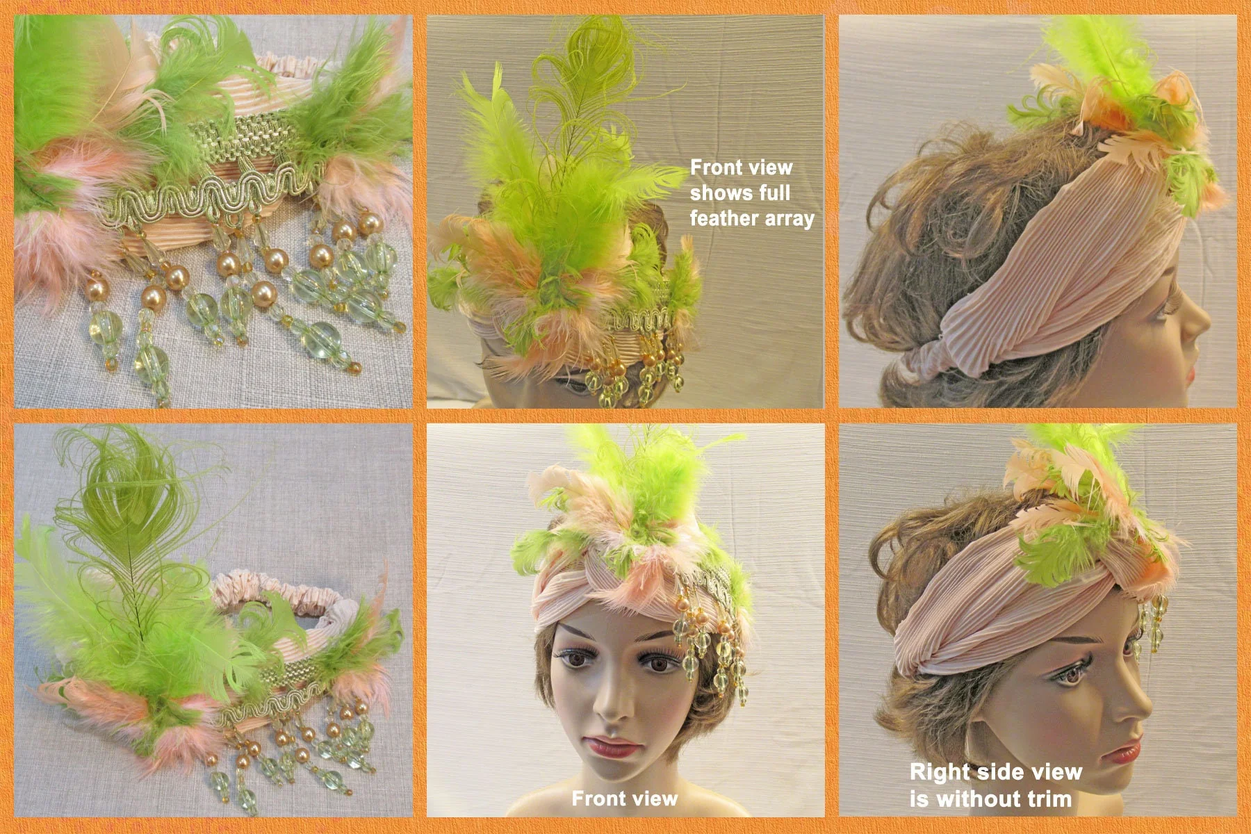Statement Stretch Headband Dangling Beads Pastel Beige and Apple Green Beads W Matching Feathers Wow Appeal In This Stylish Flapper Style - Image 6