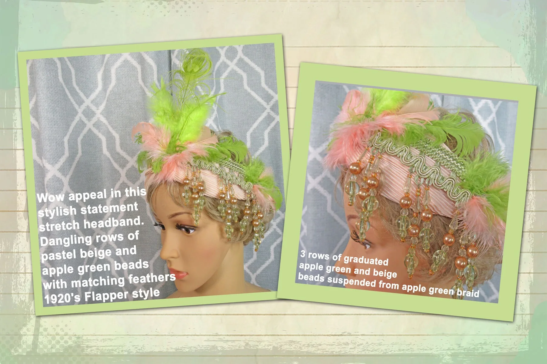 Statement Stretch Headband Dangling Beads Pastel Beige and Apple Green Beads W Matching Feathers Wow Appeal In This Stylish Flapper Style - Image 9