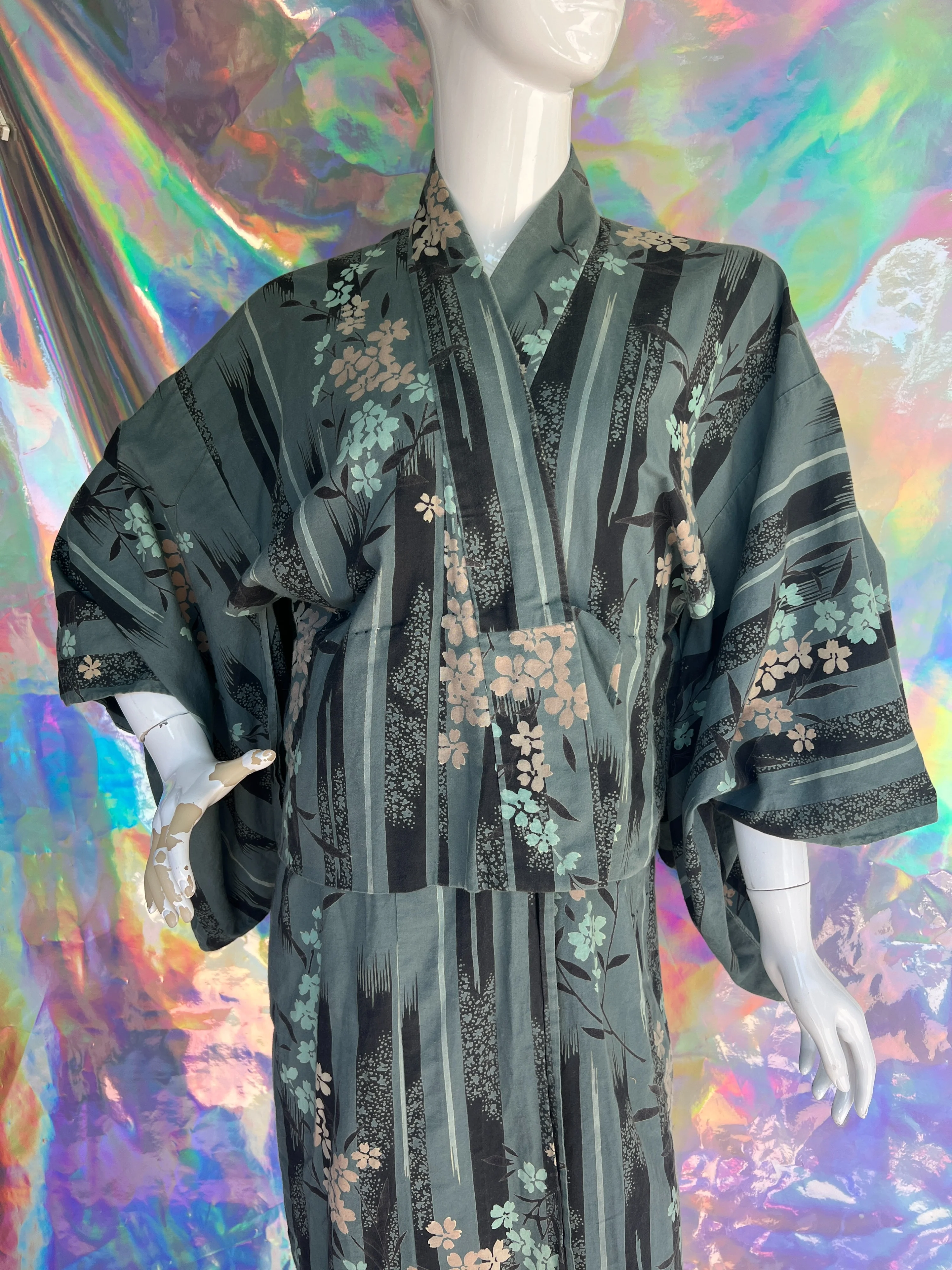 Steel Blue with Pastel Florals Cotton Kimono - Image 3