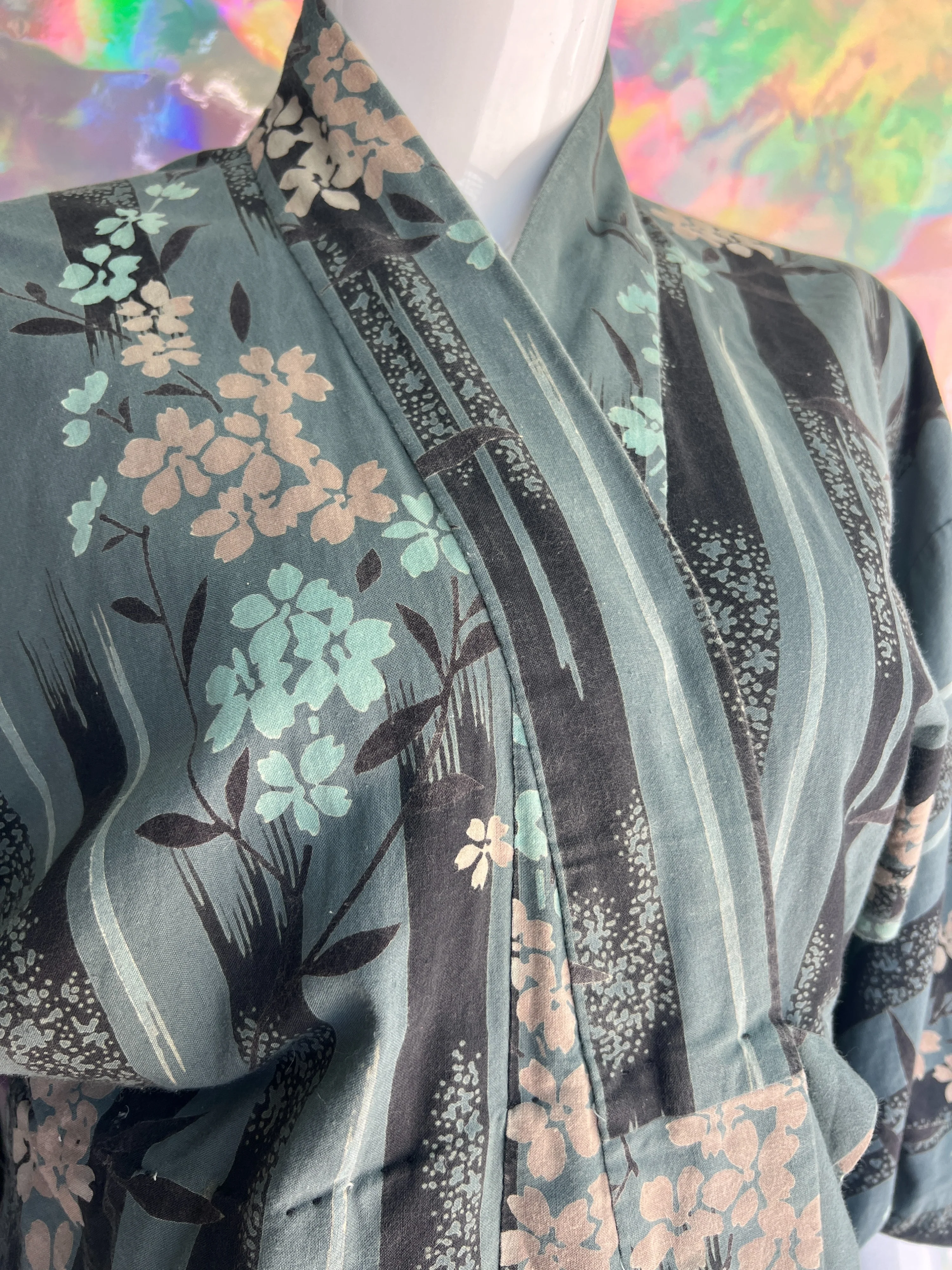 Steel Blue with Pastel Florals Cotton Kimono - Image 4